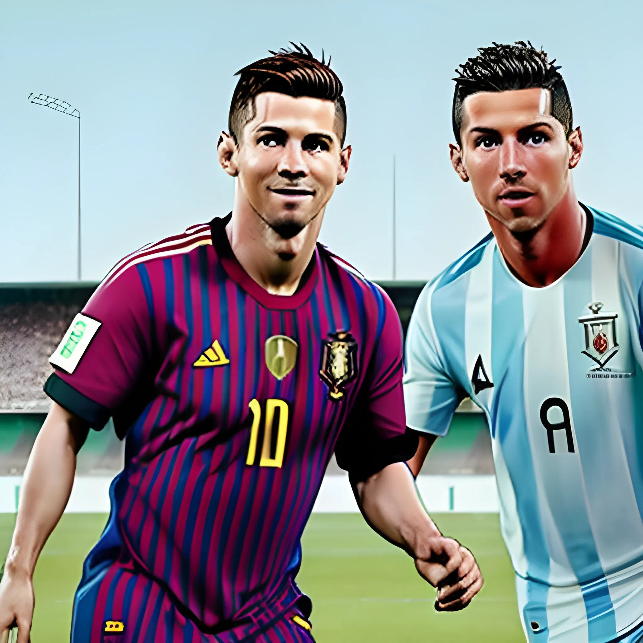 Messi and Ronaldo passing football friendly by themself, ronaldo with portugal jersey and messi with argentina jersey