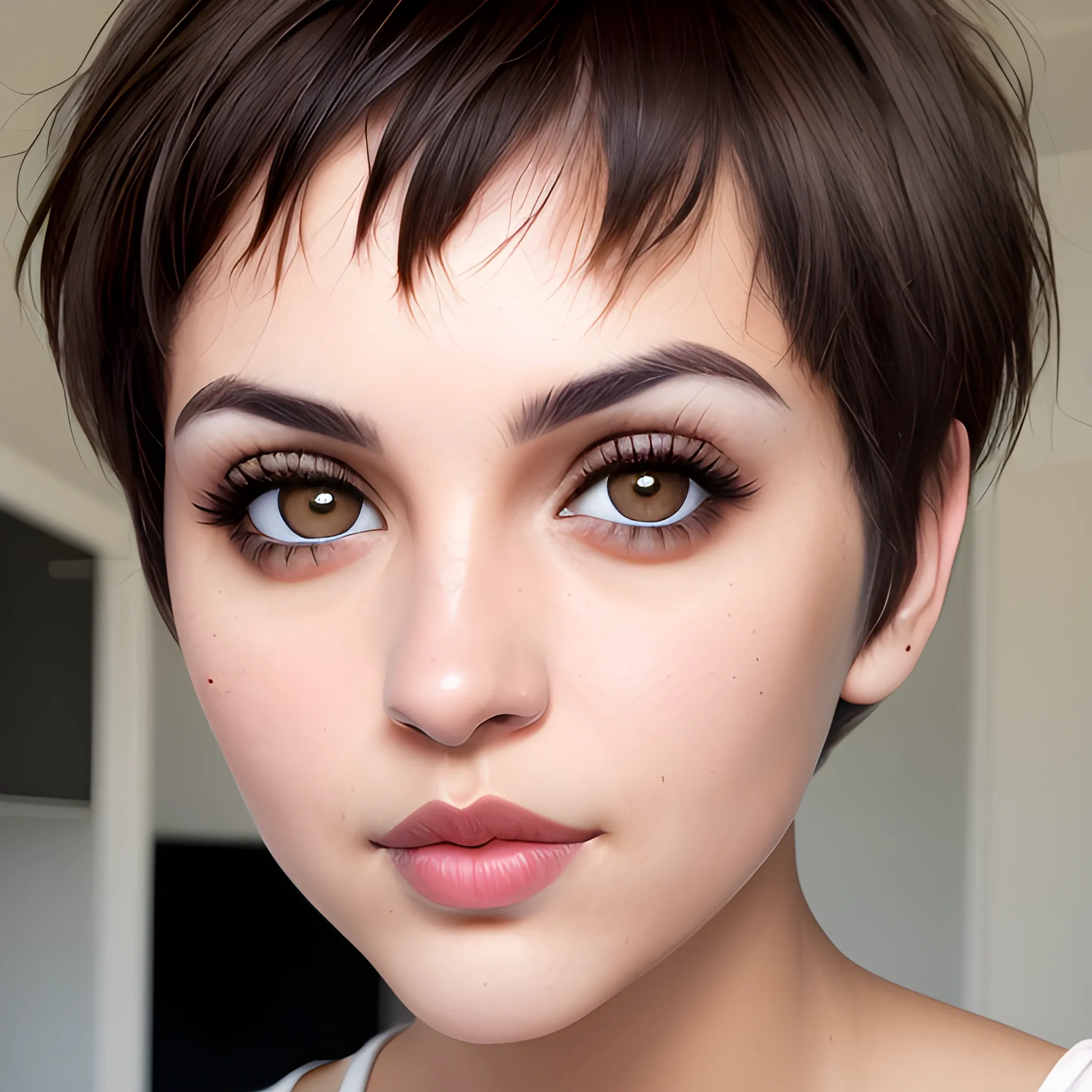 woman short hair, big brown eyes, white skin, full lips
