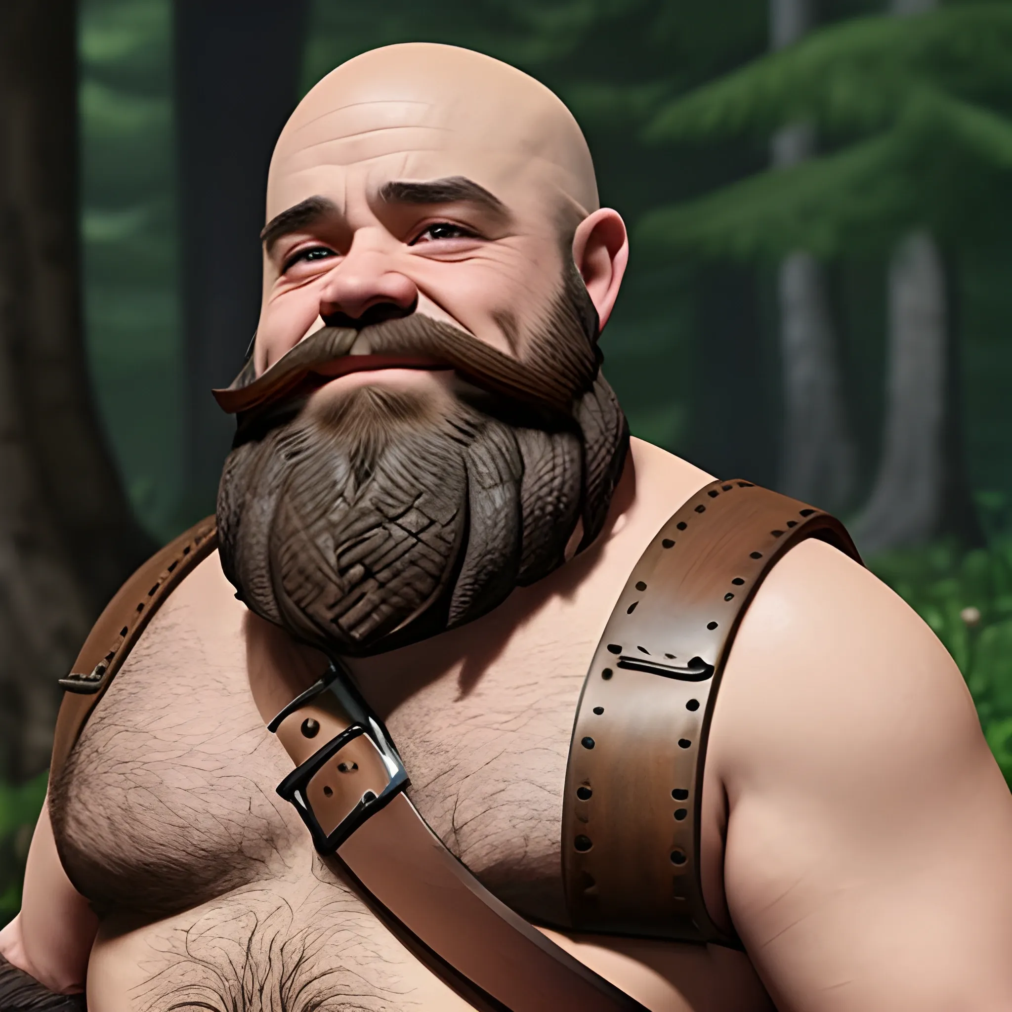 a shirtless Dwarf with leather straps across his chest and druidic robes, bald with long bushy brown beard