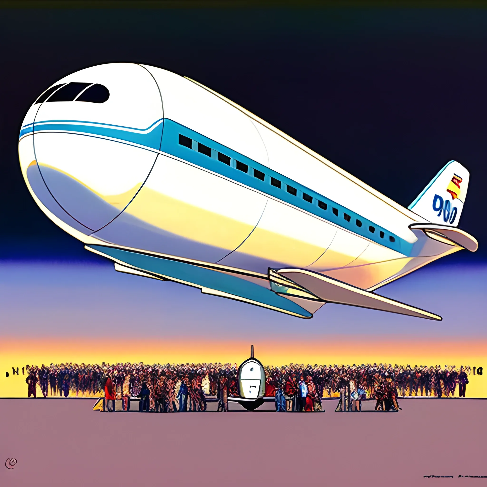 people boarding a 1960s pan am airplane attached to a blimp in jean giraud art style