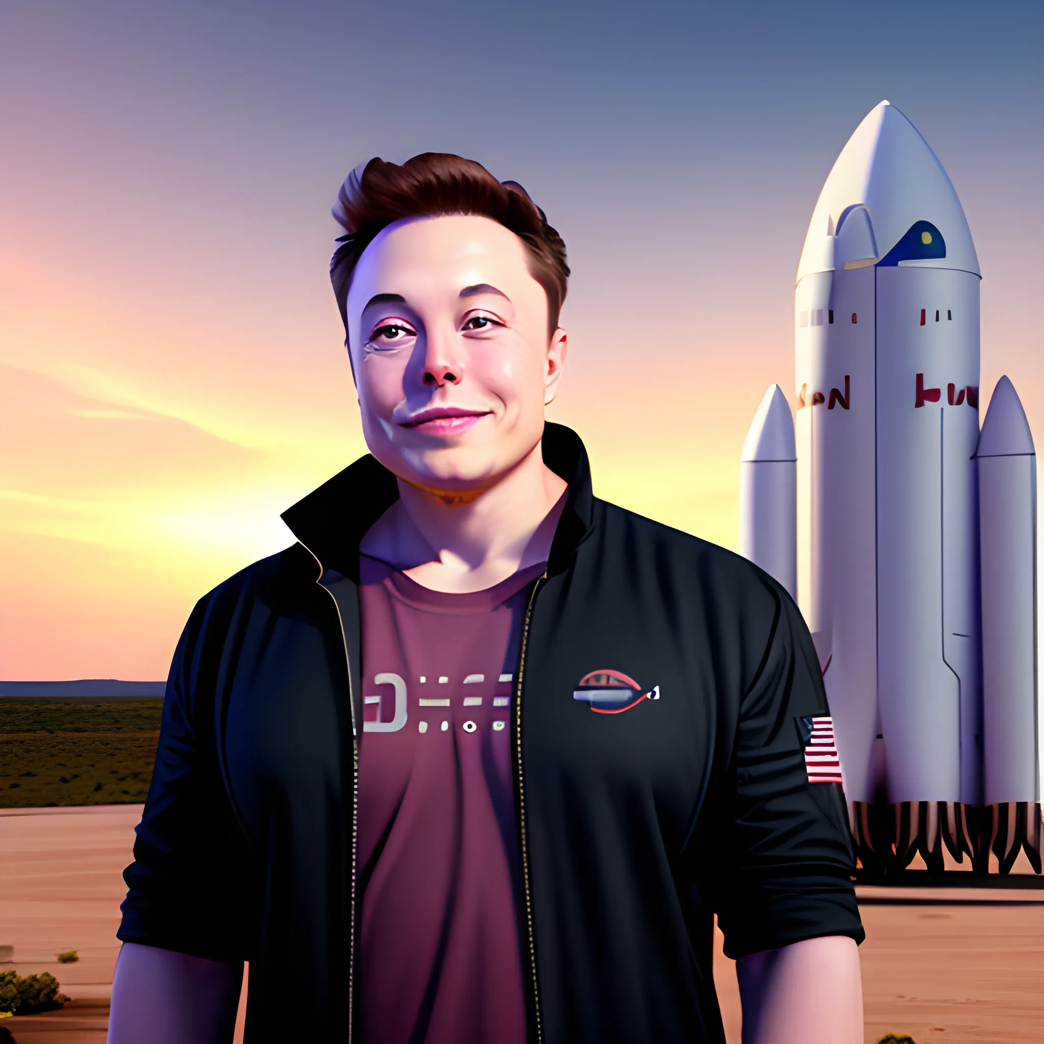 3D rendering of Elon Musk's full body looking directly at the camera while smiling. with a beautiful view and a space x rocket in the background. the lighting is consistent in the shot. full body shot. 3D, 3D, Cartoon, Cartoon