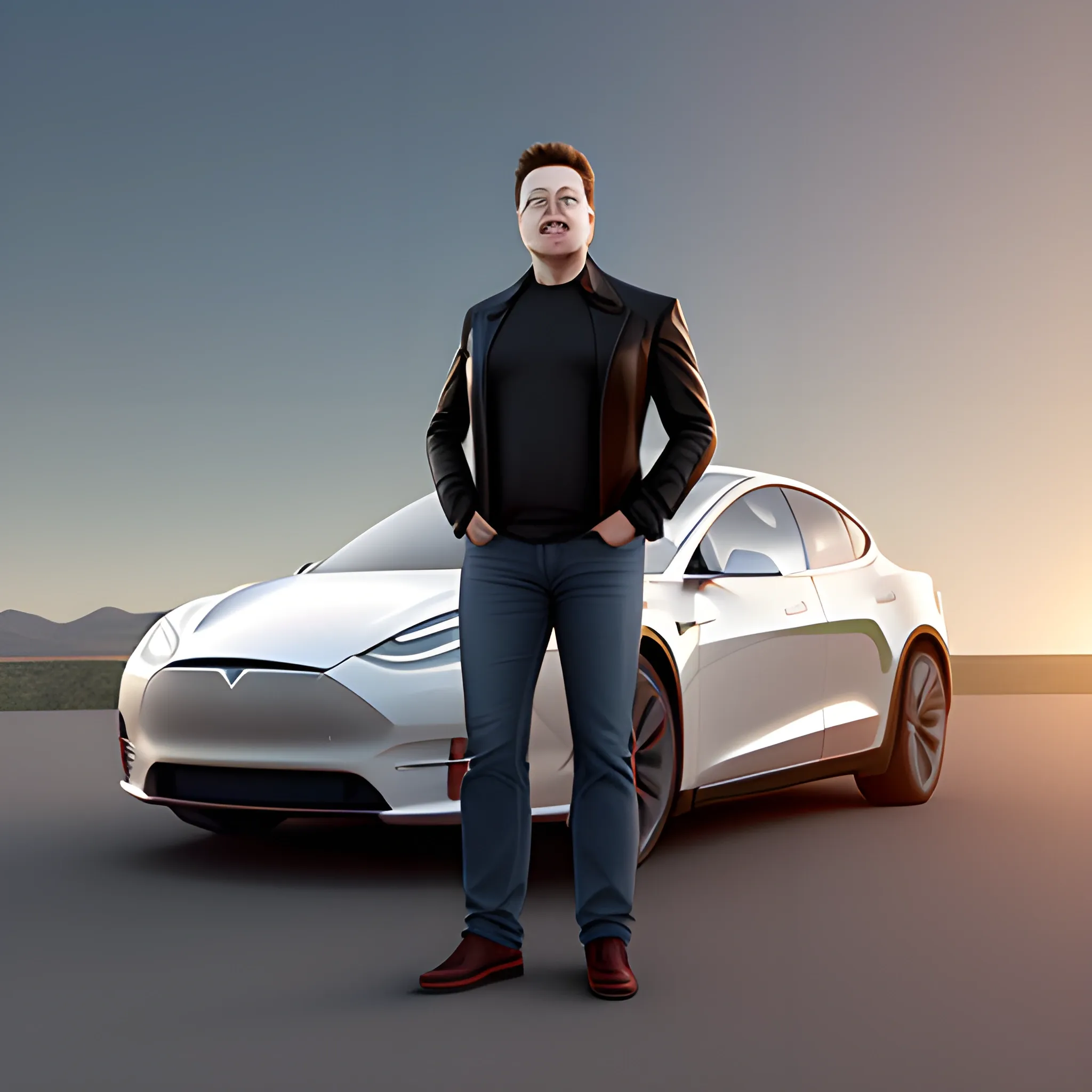 3D rendering of Elon Musk full body looking directly at the camera while smiling broadly. with a backdrop of beautiful views and Tesla cars. the lighting is consistent in the shot. full body shot. 3D, 3D, Cartoon