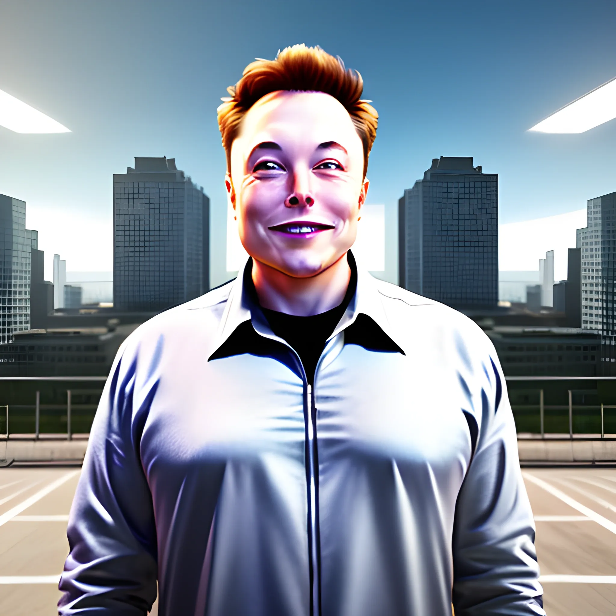 3D rendering of Elon Musk's full body looking directly at the camera while smiling broadly. with a background of urban buildings. the lighting is consistent in the shot. full body shot. 3D, 3D, Cartoon