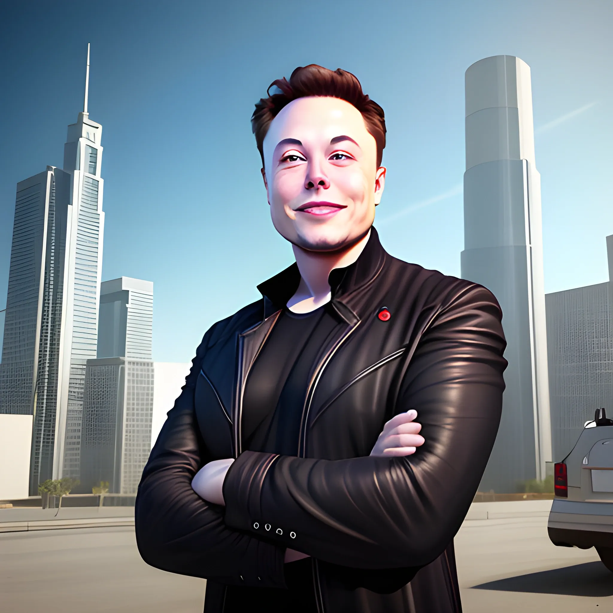 3D rendering of Elon Musk's full body looking directly at the camera while smiling broadly. with a background of urban buildings. the lighting is consistent in the shot. full body shot. 3D, 3D, Cartoon