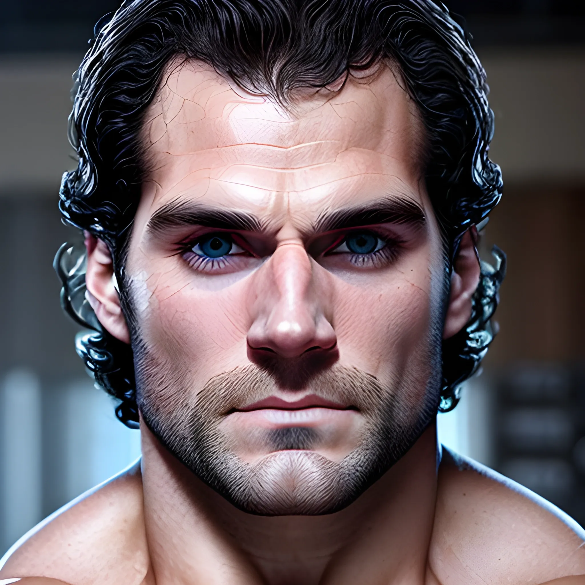 very muscular, hairy, 30+,sweaty, bara, henry cavill face, blue eyes