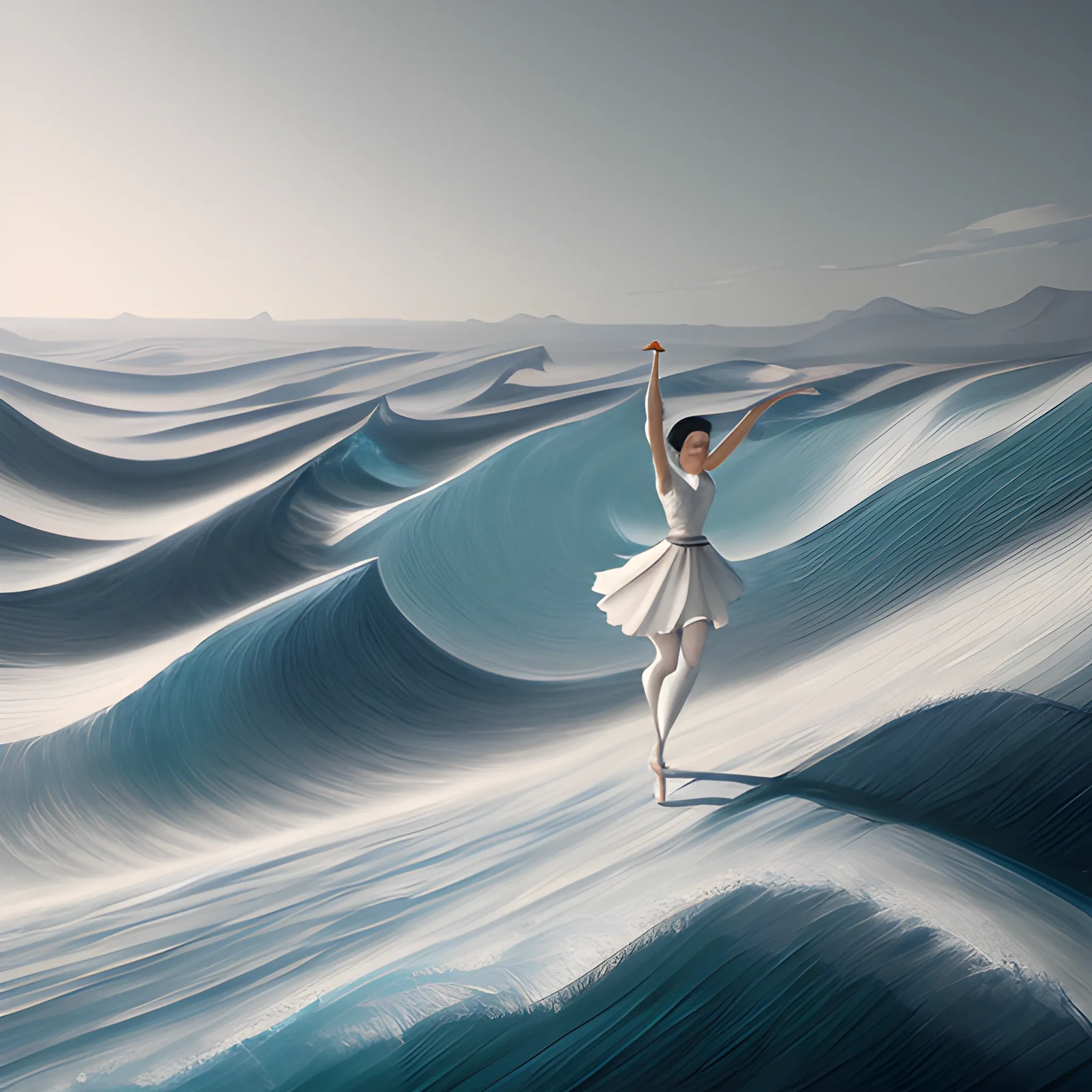 painting with a women in fight to dance and have dence movement minimal elements and baroc colors all scale of terrain and white lines like wave fantasy, 8k, high resolution, high quality, 3D, , Oil Painting, Unreal Engine