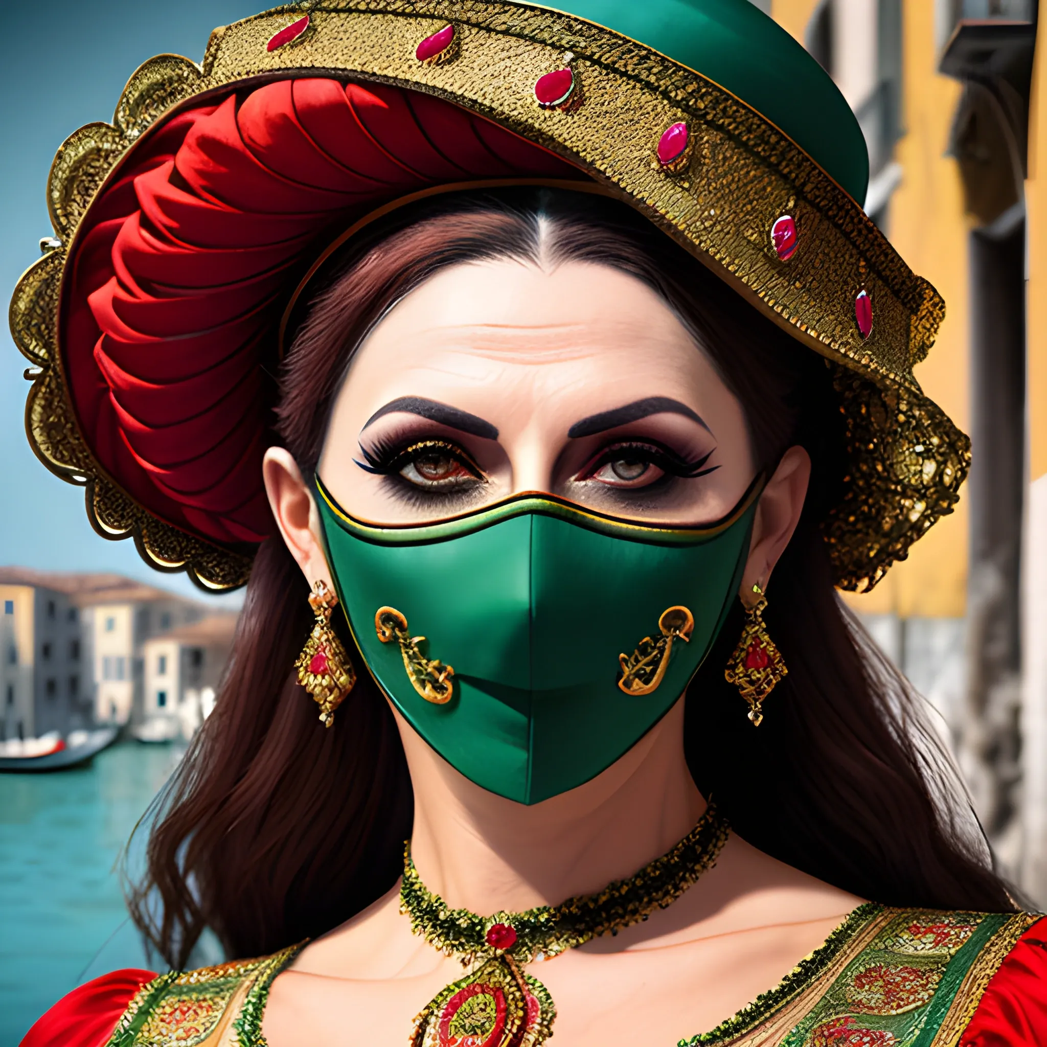 VENETO APULIA TRIBUTE /// High detail RAW color photo professional, highly detail face: 1.4, a detailed portrait of a italian venice woman wearing a mask made with apulia decoration with carnival clothes, dramatic color grade, dynamic angle, detailed wear, ultra detailed face and eyes, backlighting, bokeh, 19th style, Peaky Blinders style

