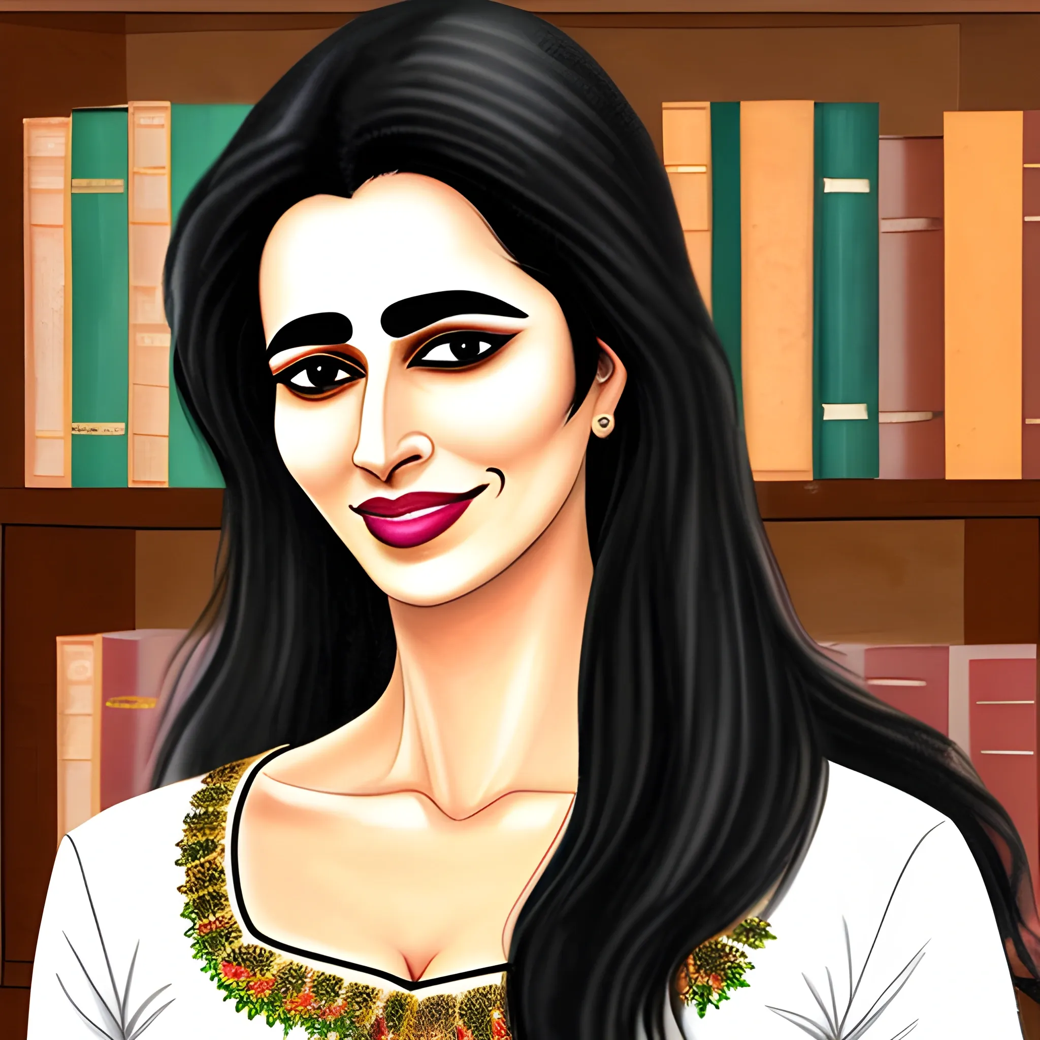 beautiful messy black hair, beautiful face, beautiful Malayali girl, in a library, wearing a kurta and churidar bottom, perfect face, perfect eyes, Oil Painting, half body portrait,  Remove: (amateur bad anatomy blurred deformed disfigured poorly drawn face poorly drawn hands signature ugly watermark extra limbs Bad teeth ugly out of frame dull eyes disfigured blurry closed eyes:1)., 