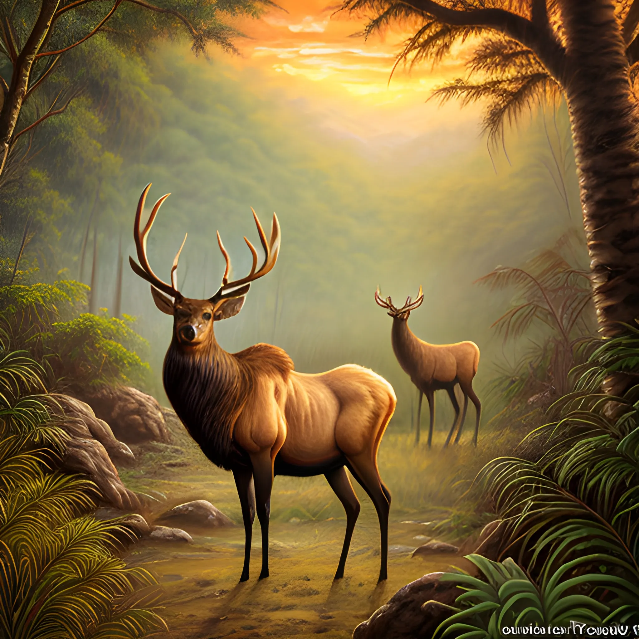 Elk in the jungle, warm tones at dusk, realistic oil painting style