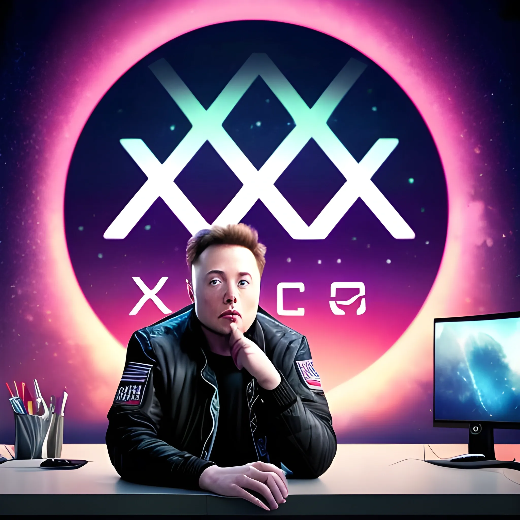 elon musk is sitting in front of his computer desk (wearing a jacket, the jacket says "XERC404") the twitter logo is a computer display, on the wall there are several posters about technology and a painting of the space X rocket. cartoon