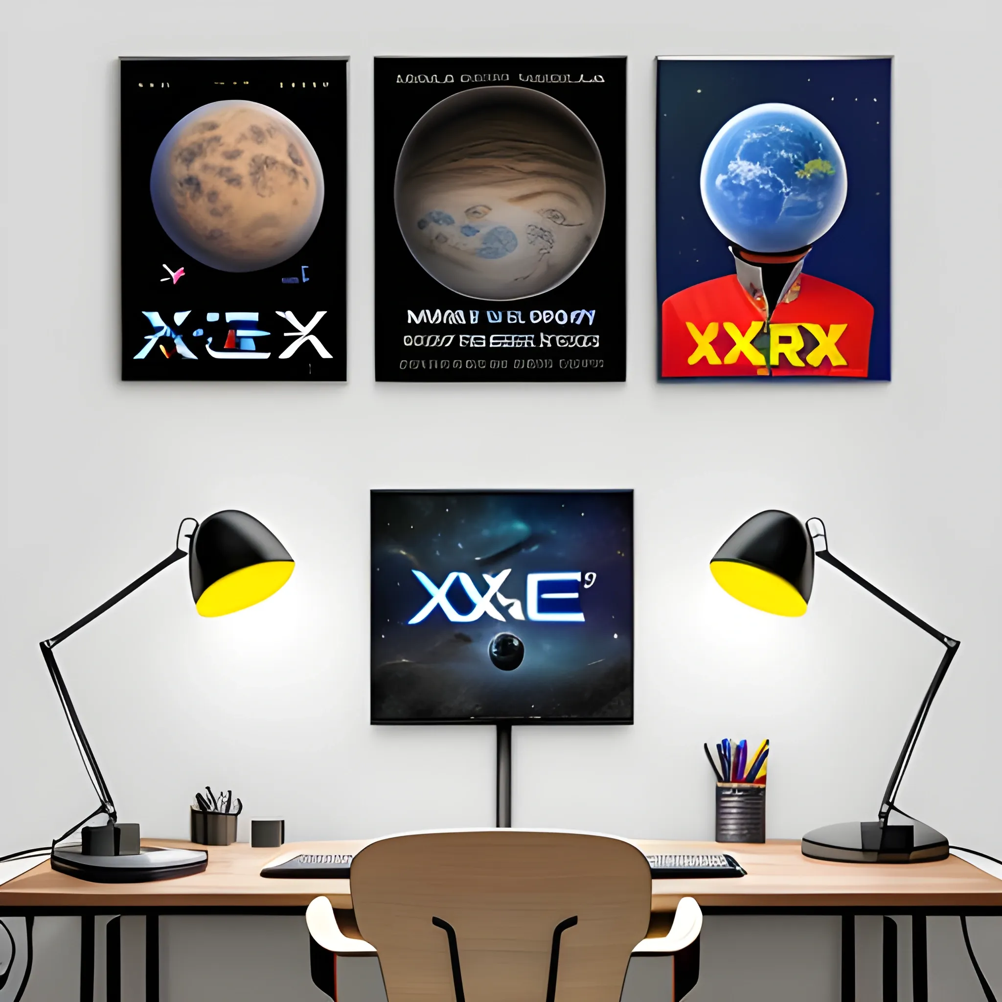 Elon Musk is smiling, sitting in front of his computer desk (wearing a jacket, jacket that says "XERC404") Twitter logo as a computer display, on the wall hanging several posters about technology and paintings of space X rockets. cartoon