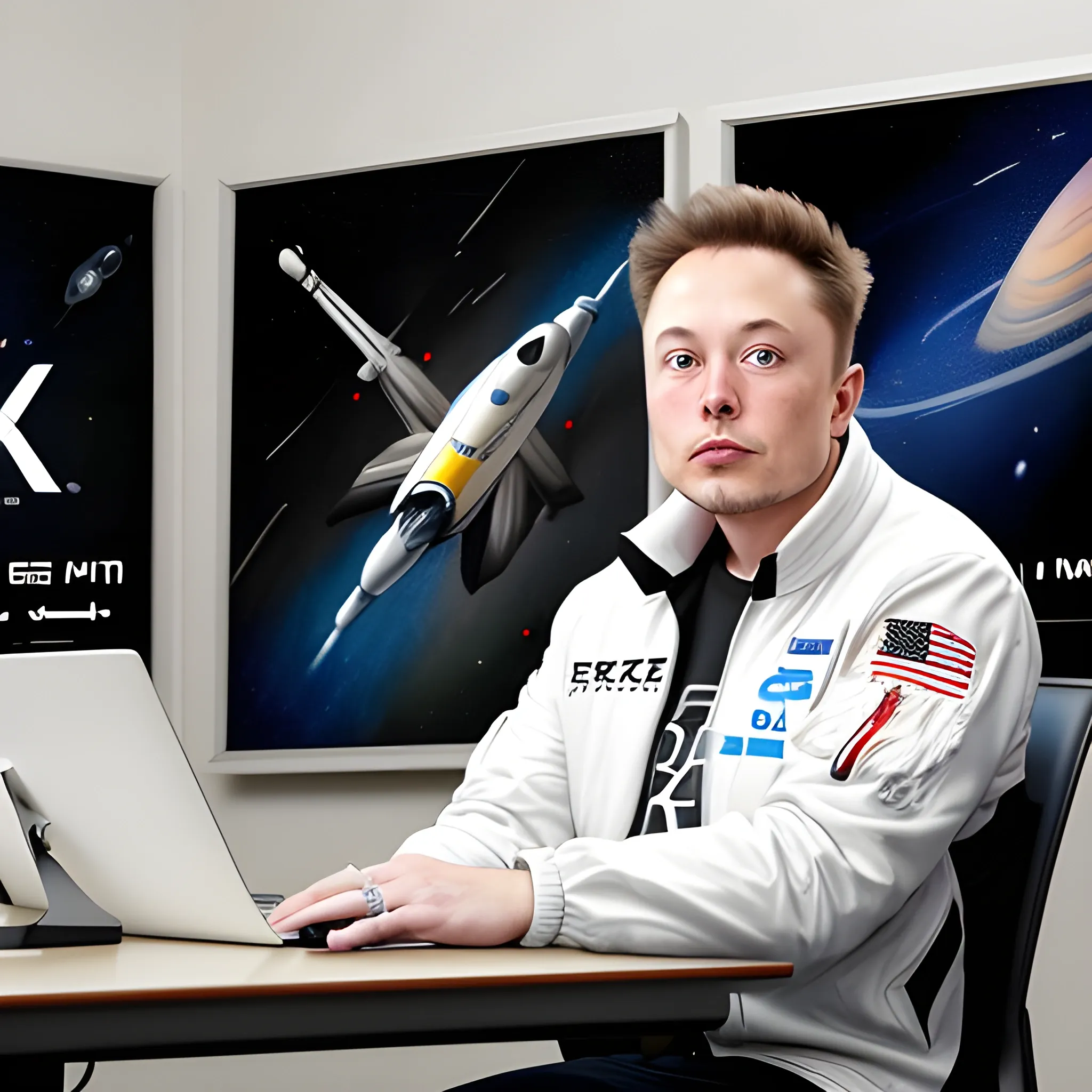 Elon Musk sitting in front of his computer desk (wearing a jacket, jacket that says "XERC404") Twitter logo as a computer display, on the wall hanging several posters about technology and paintings of space X rockets. cartoon