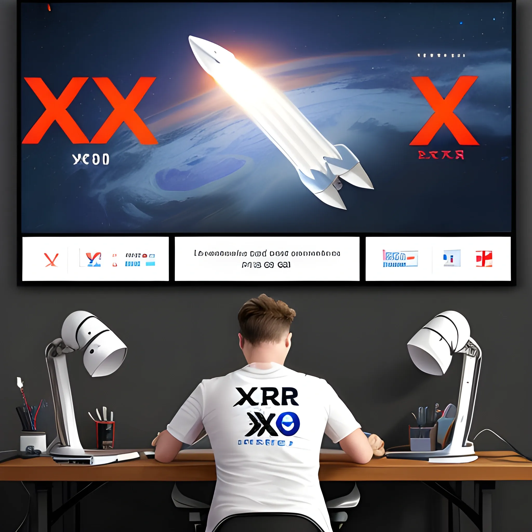 elon musk smiles sitting at his computer desk (wearing a t-shirt, t-shirt that says "XERC404") twitter logo as a computer display, on the wall hanging several posters about technology and paintings of the space X rocket. cartoon