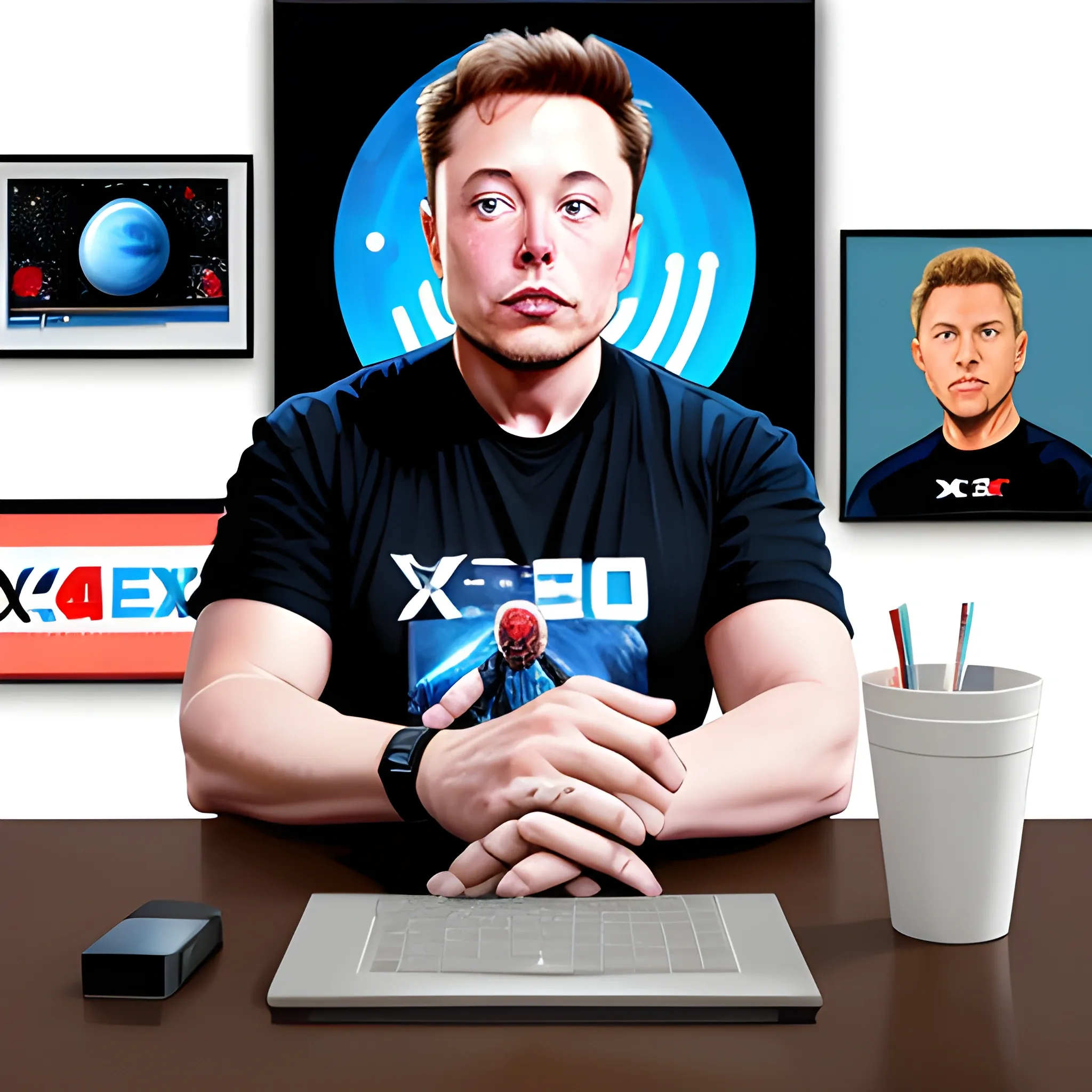 elon musk sitting at his computer desk (wearing a t-shirt, t-shirt that says "XERC404") twitter logo as a computer display, on the wall hanging several posters about technology and paintings of the space X rocket. cartoon