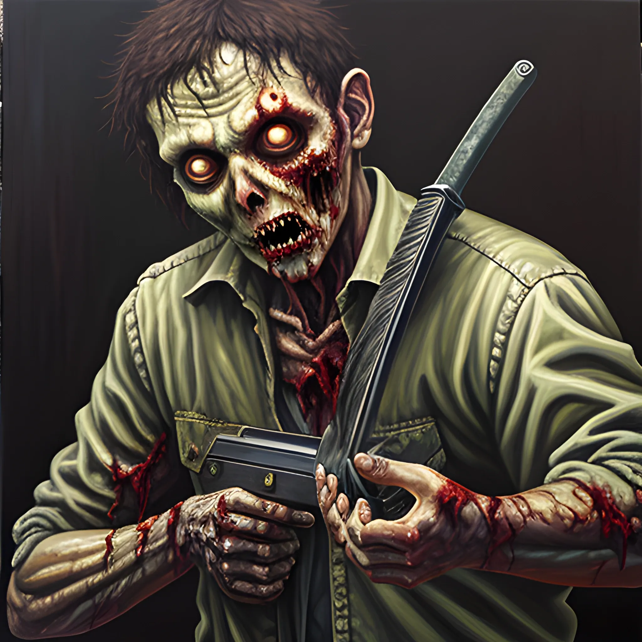 , Oil Painting of a zombie slayer slaying zombies