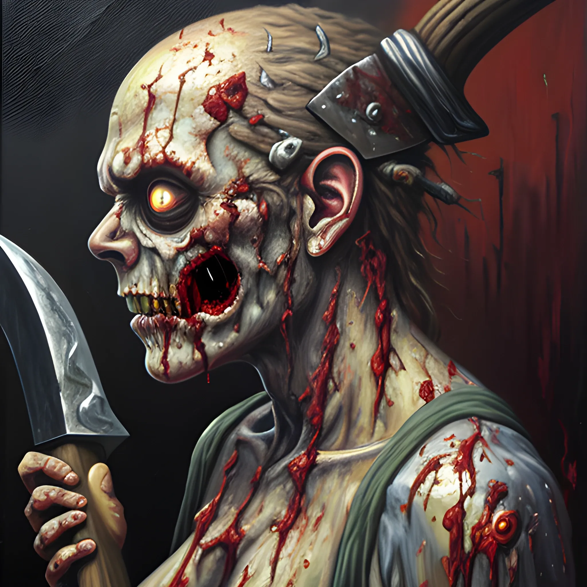 , Oil Painting of an axe stuck in the side of a zombie's head