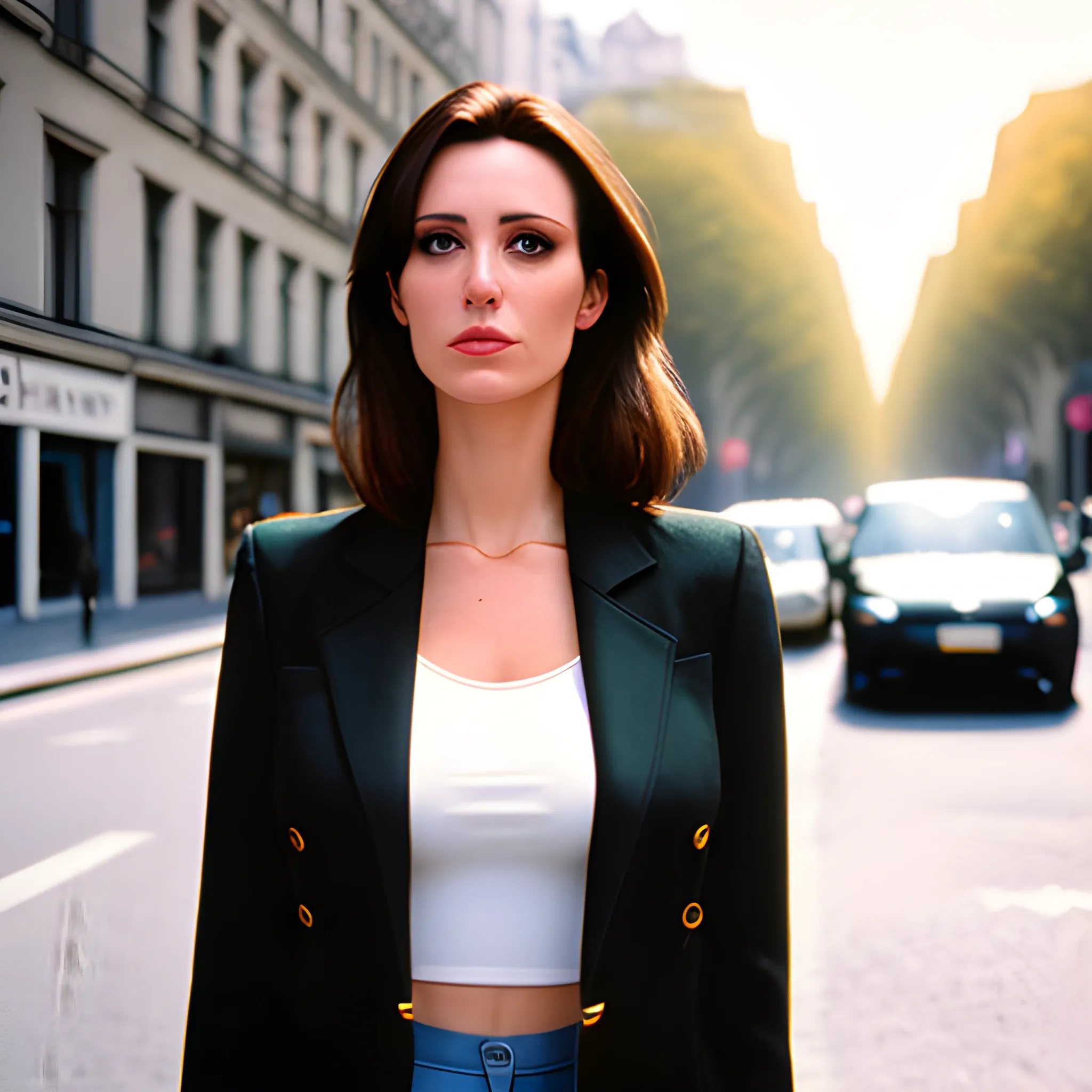 Street style photo, a young brunette woman, standing, natural lighting, shot on fujifilm --ar 16:9 --seed 100