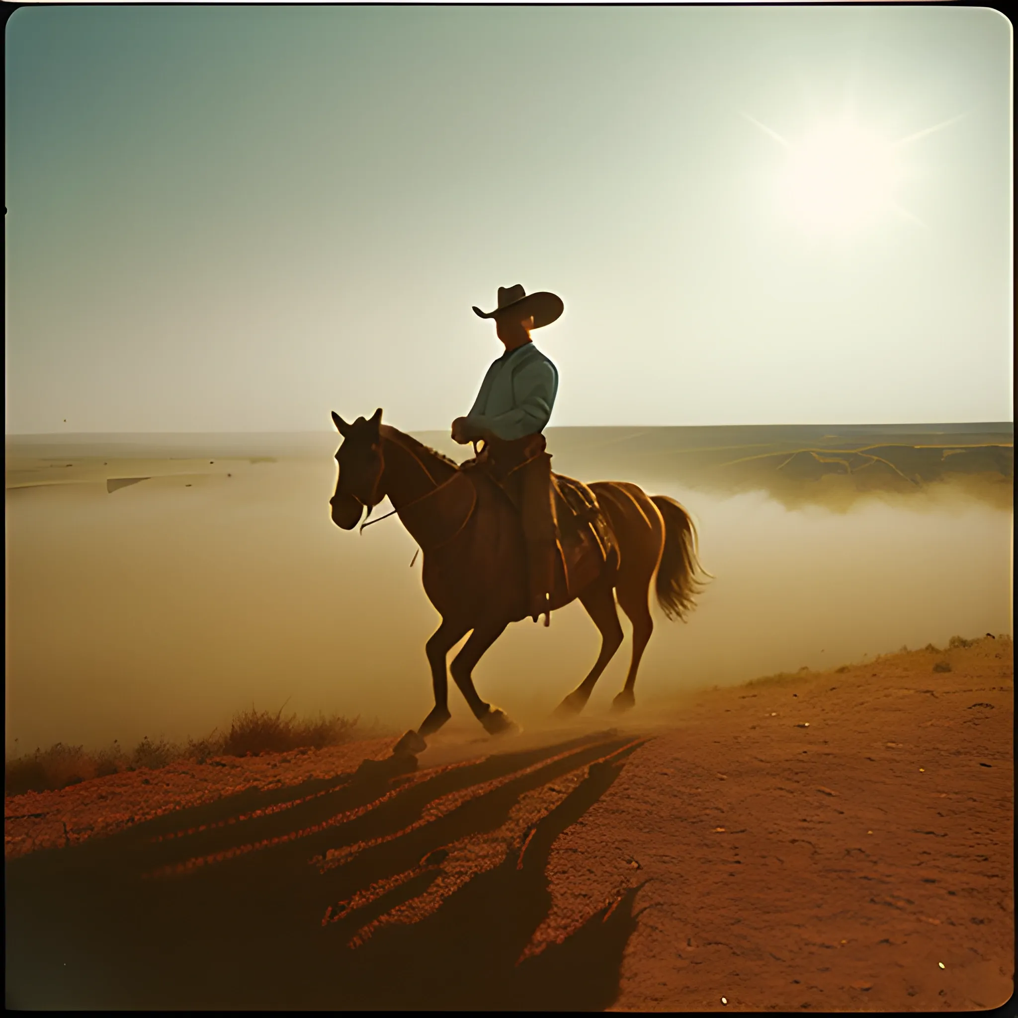 film noir, off-center, two-shot, 16mm film still of a cowboy riding a horse wrangling his cows in Palo Duro 
Canyon, morning lighting, sun shining through the fog, sharp focus, Kodak Portra camera, CinemaScope 
effect --ar 16:9 --v 5