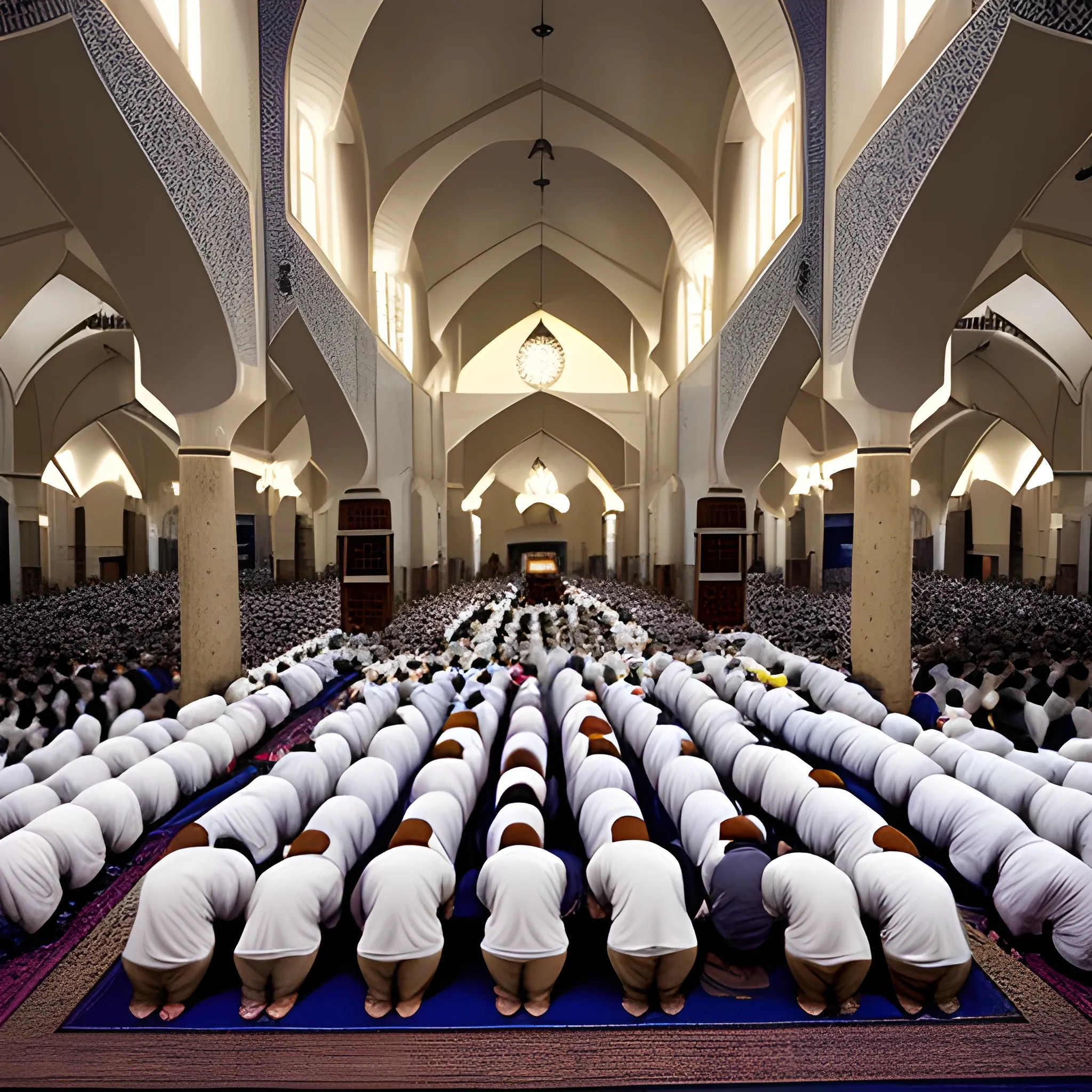 This photograph captures rows of Muslim men in Malaysia, praying in congregation in a mosque, standing, 
shot on Sony A9 Mark II, Night, bright room lights --v 5 --ar 16:9 --seed 1 --stylize 500