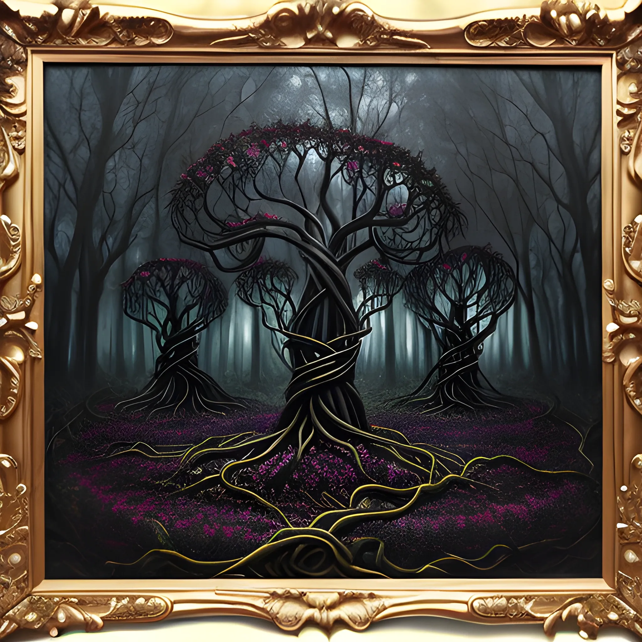 Dark fantasy forest overrun with gothic botanical abominations, twisted trees rise, entwined with black vines, sinister flowers , 3D, Oil Painting