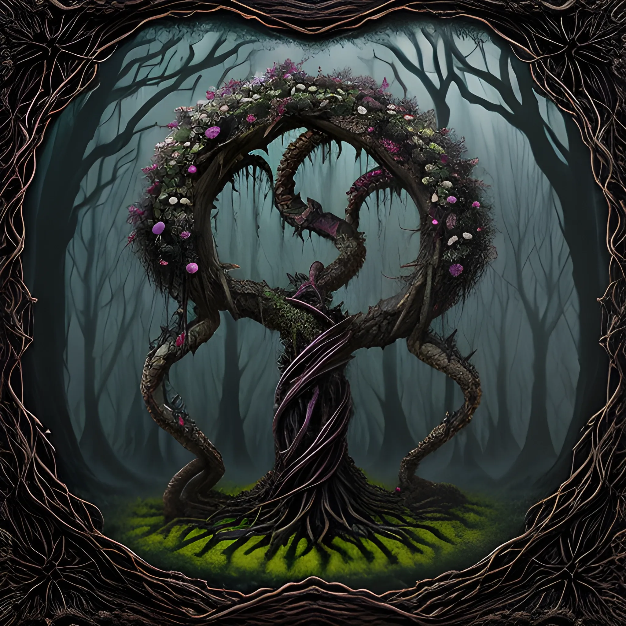 Dark fantasy forest overrun with gothic botanical abominations, twisted trees rise, entwined with black vines, sinister flowers , 3D, Oil Painting