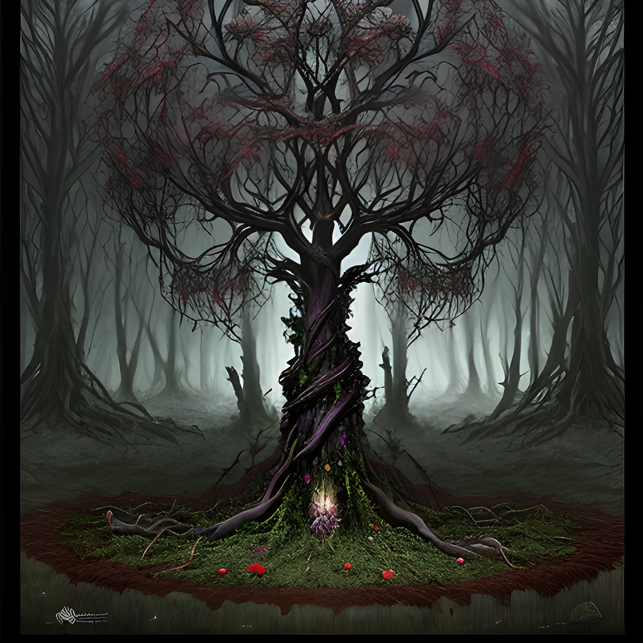 Dark fantasy forest overrun with gothic botanical abominations, twisted trees rise, entwined with black vines, sinister flowers , 3D, Oil Painting