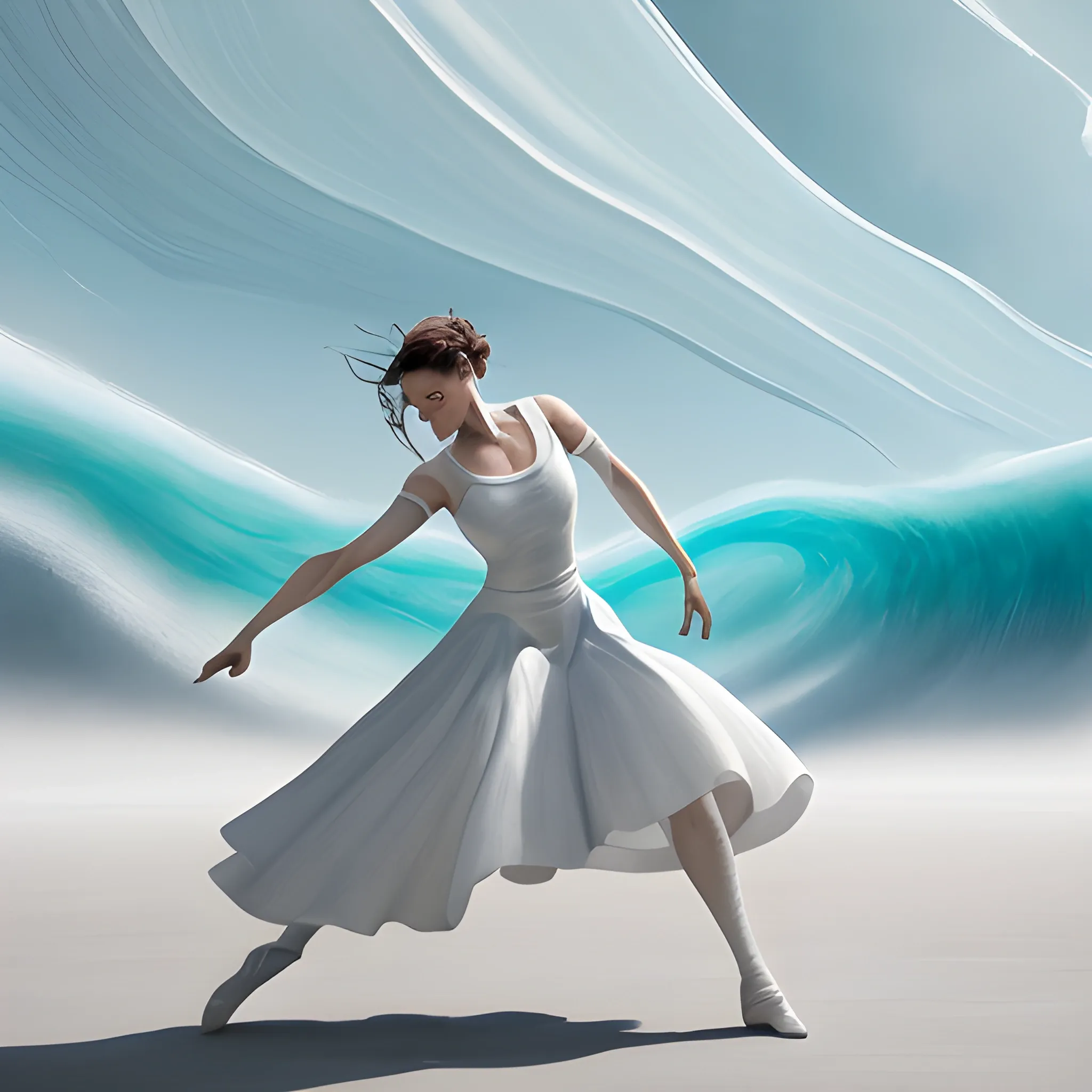 painting with a women in fight to dance and have dence movement minimal elements and baroc colors all scale of terrain and white lines like wave fantasy, 8k, high resolution, high quality, 3D, , Oil Painting, Unreal Engine