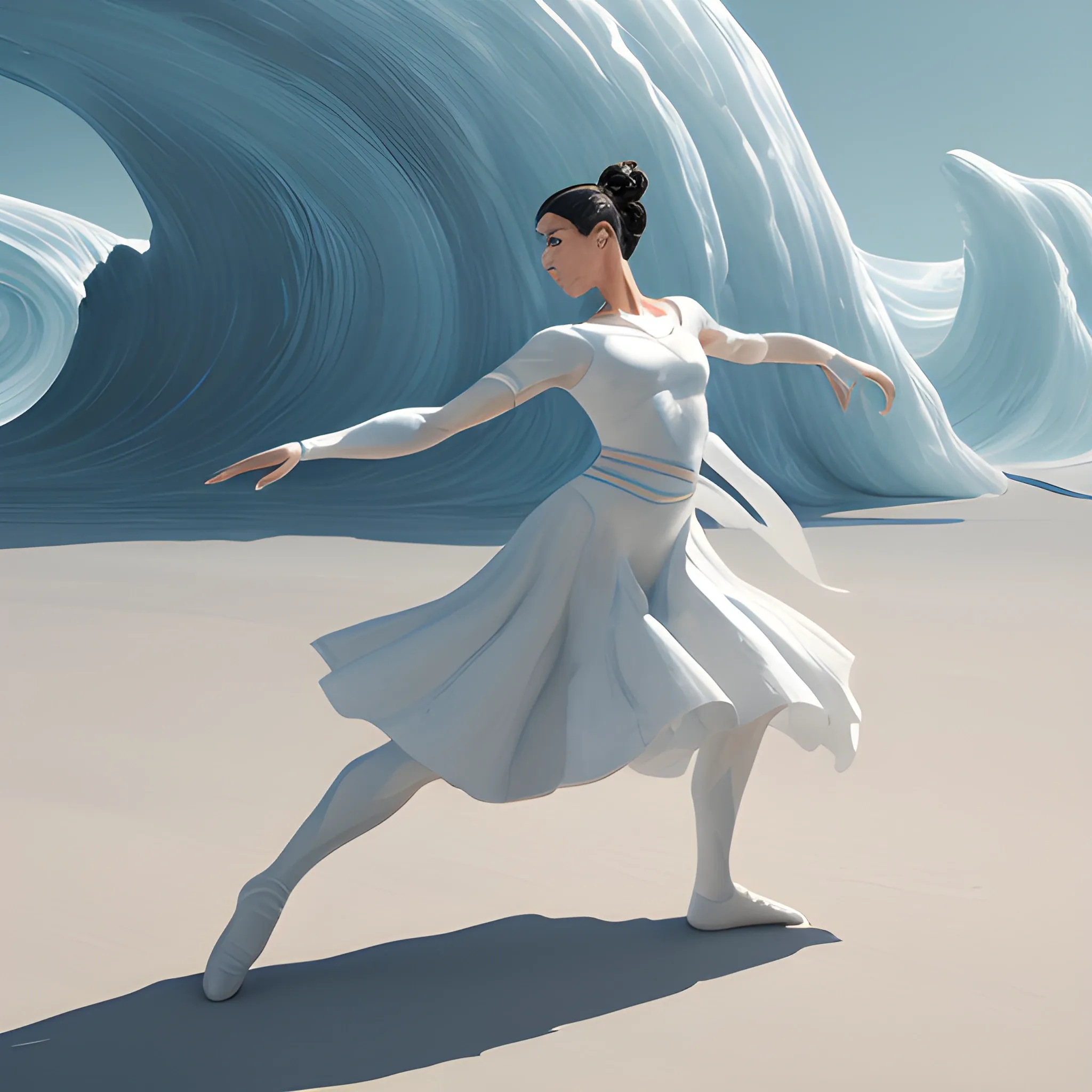 painting with a women in fight to dance and have dence movement minimal elements and baroc colors all scale of terrain and white lines like wave fantasy, 8k, high resolution, high quality, 3D, , Oil Painting, Unreal Engine