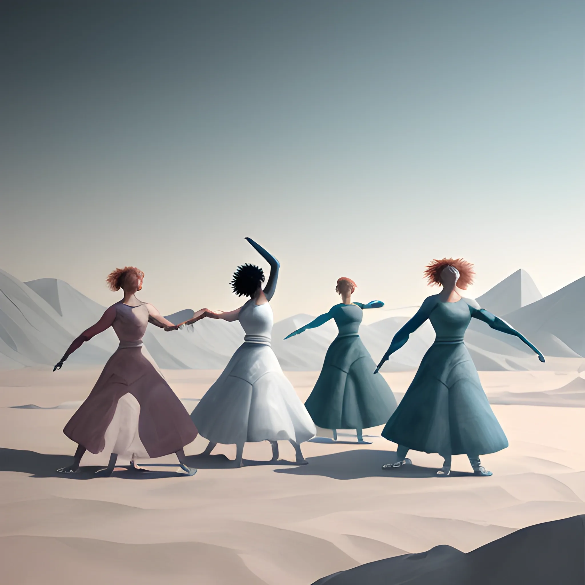 painting with  women in fight to dance and have dence movement minimal elements and baroc colors all scale of terrain and white lines like wave fantasy, 8k, high resolution, high quality, 3D, , Oil Painting, Unreal Engine