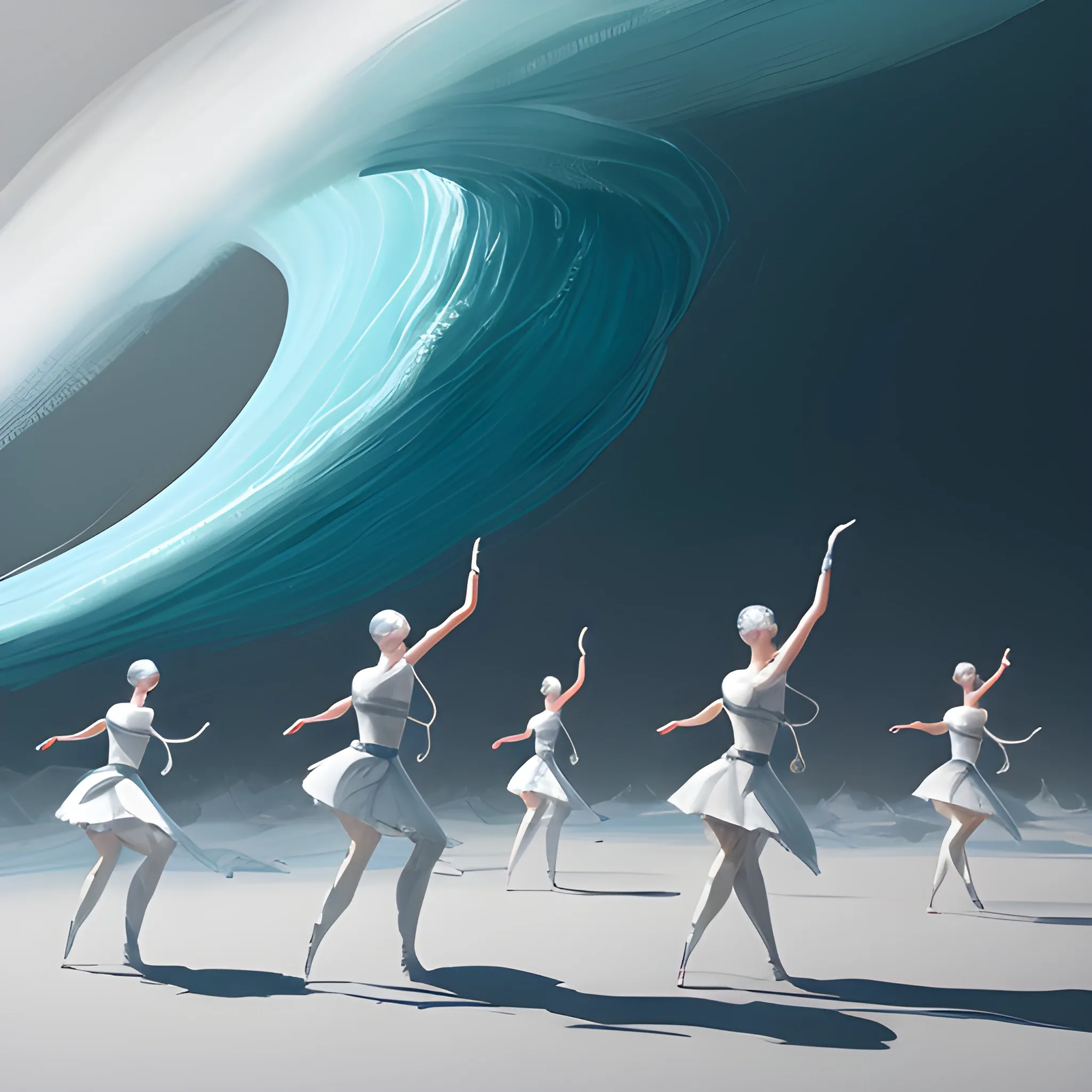 painting with women in fight like dance compotition and have dence movement minimal elements and baroc colors all scale of terrain and white lines like wave fantasy, 8k, high resolution, high quality, 3D, , Oil Painting, Unreal Engine