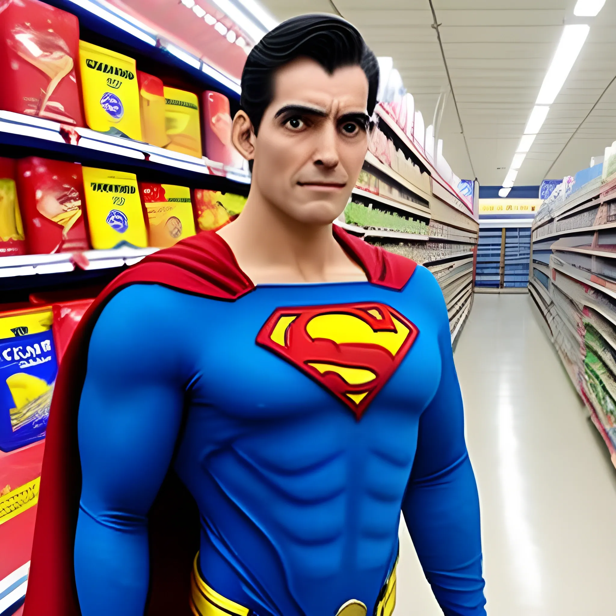 hombre con traje de superman en un supermercado