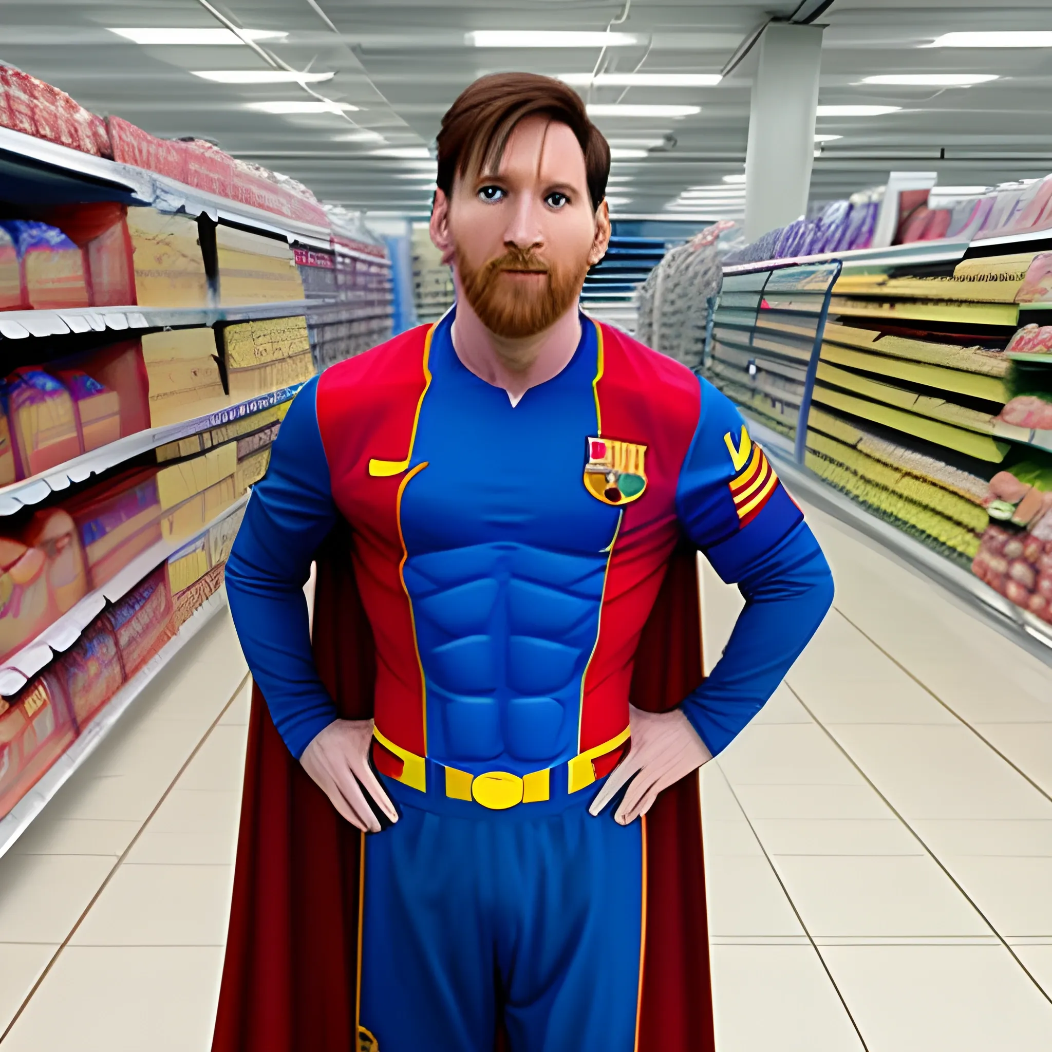 lionel messi con traje de superman en un supermercado