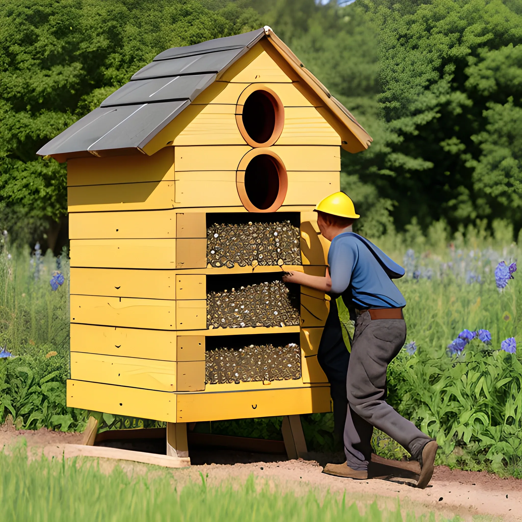 workers go out from a bee house with souitcases in his hands

