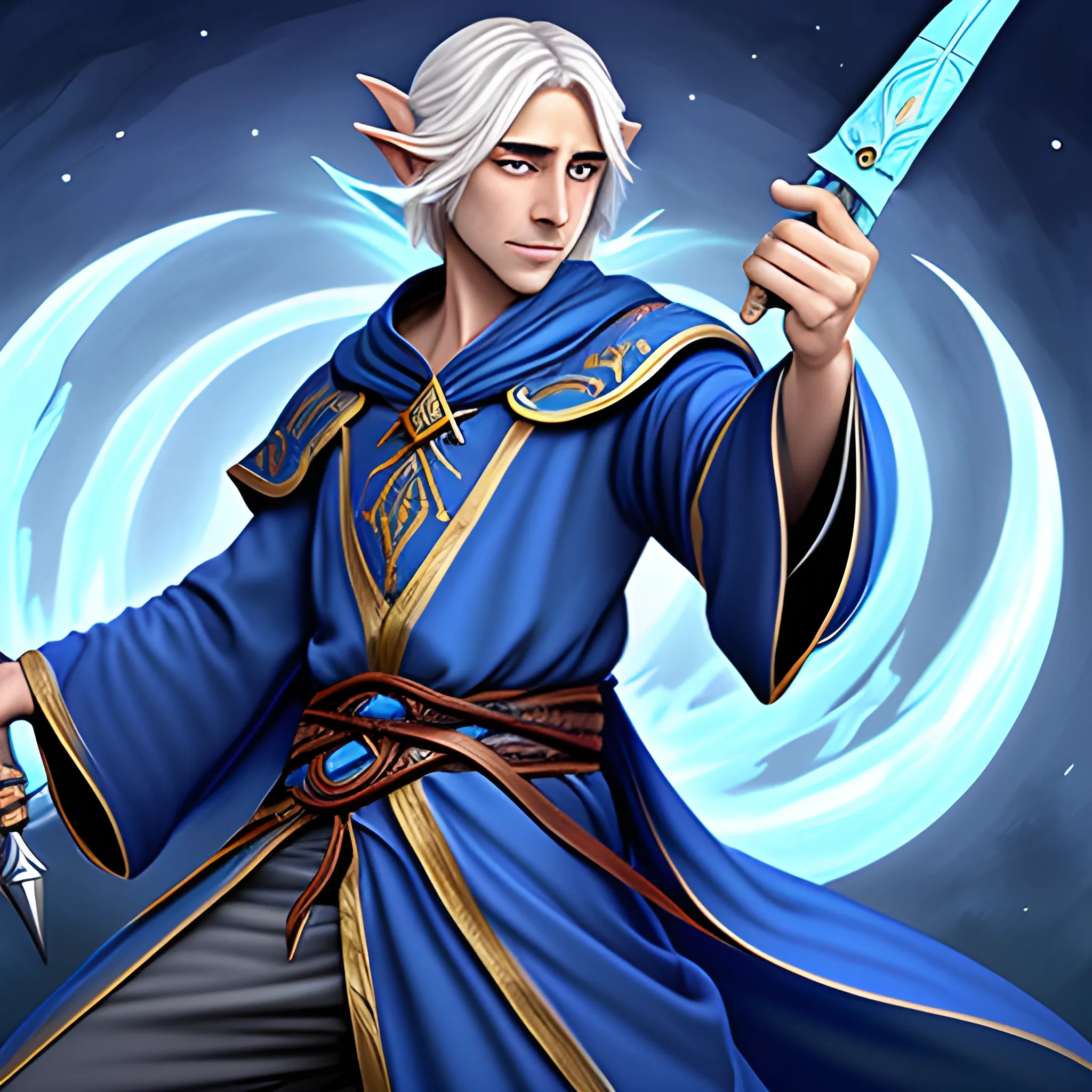 Eladrin male lunar sorcerer, Wearing blue robes, Wielding a dagger, Cartoon