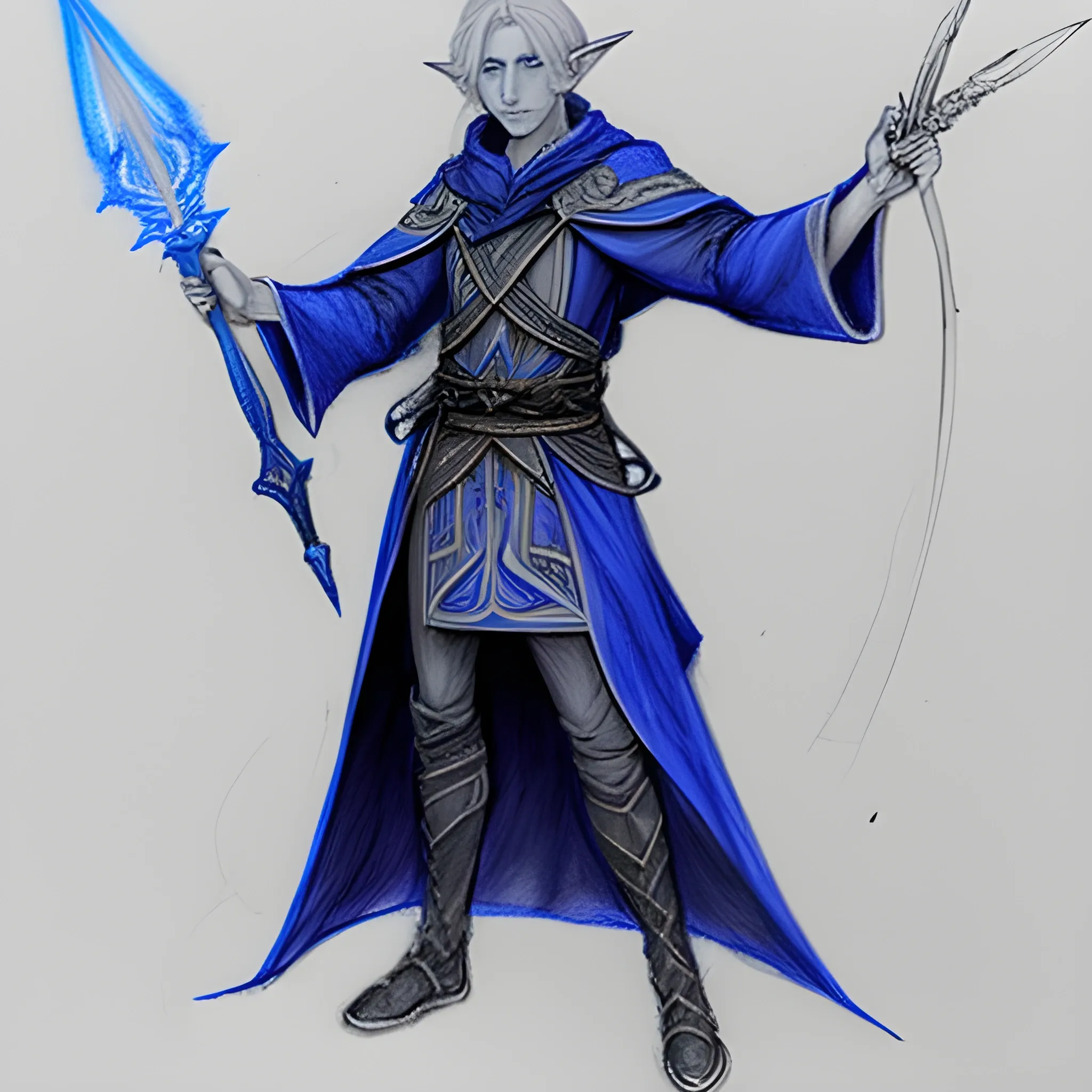 Eladrin male lunar sorcerer, Wearing blue robes, Wielding a dagger, Pencil Sketch