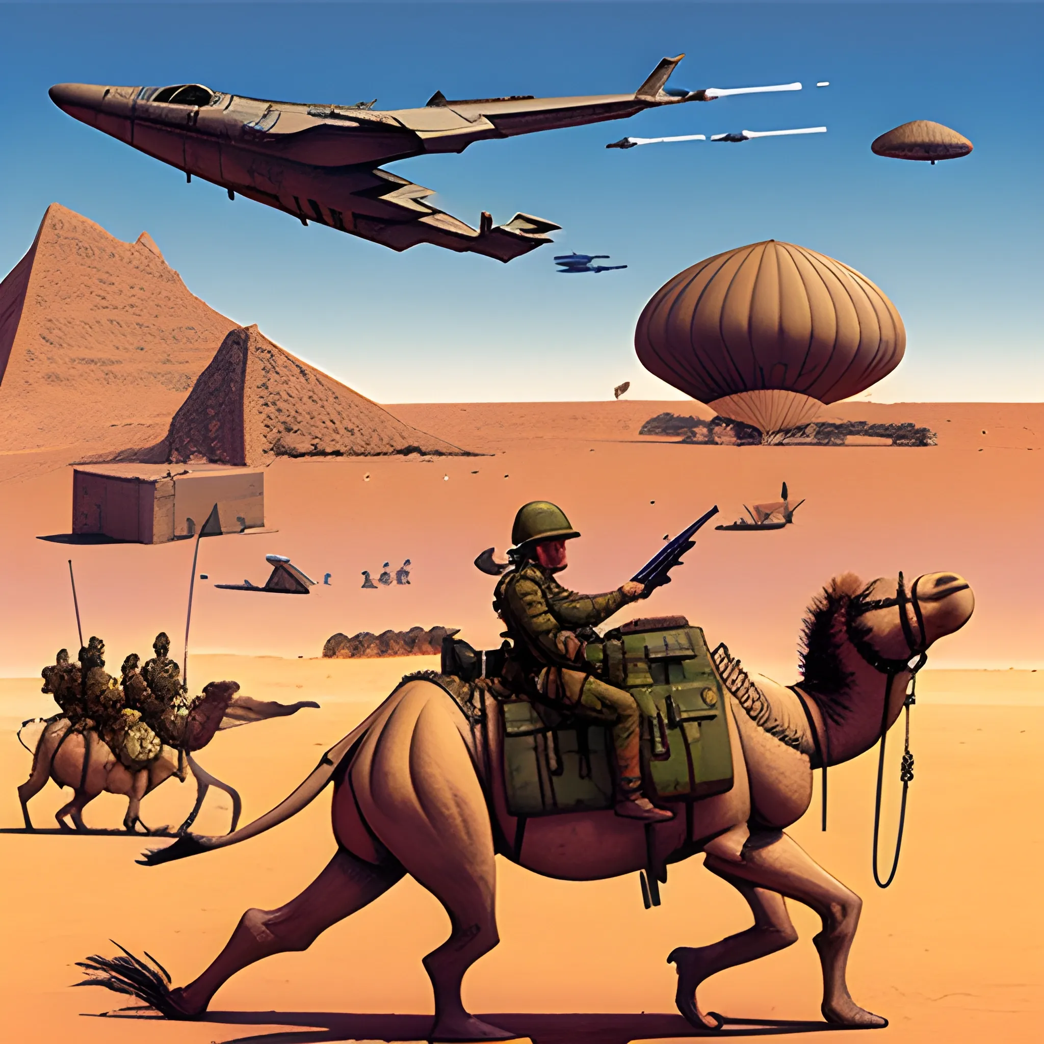 rebel mono camel showing an AK-47 at Arab soldiers in the foreground and war blimps shooting missiles at the ground in the back ground in jean giraud's art style