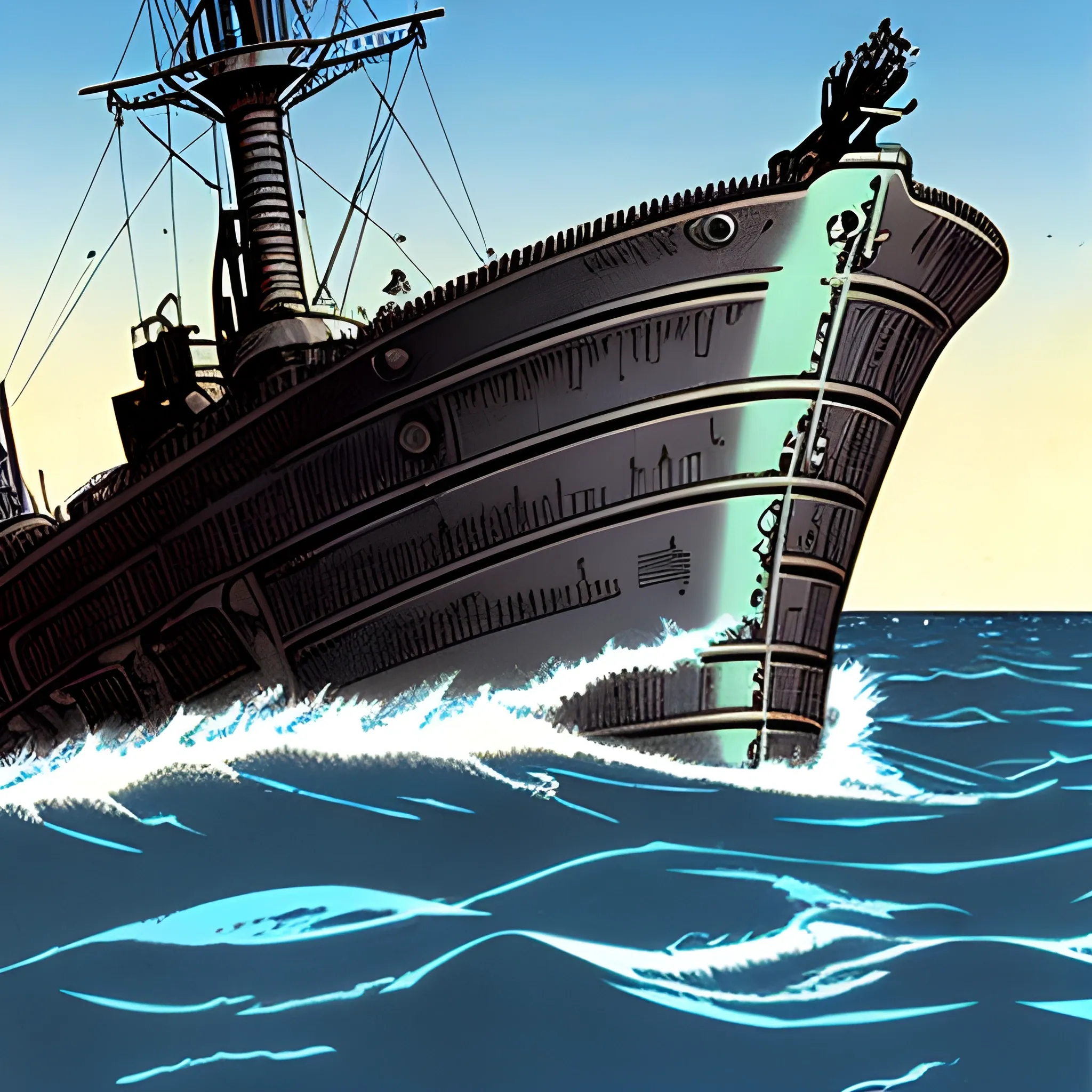 Civil War Ironclad partially submerged made with 1960's battle ship technology in Jean giraud's art style 