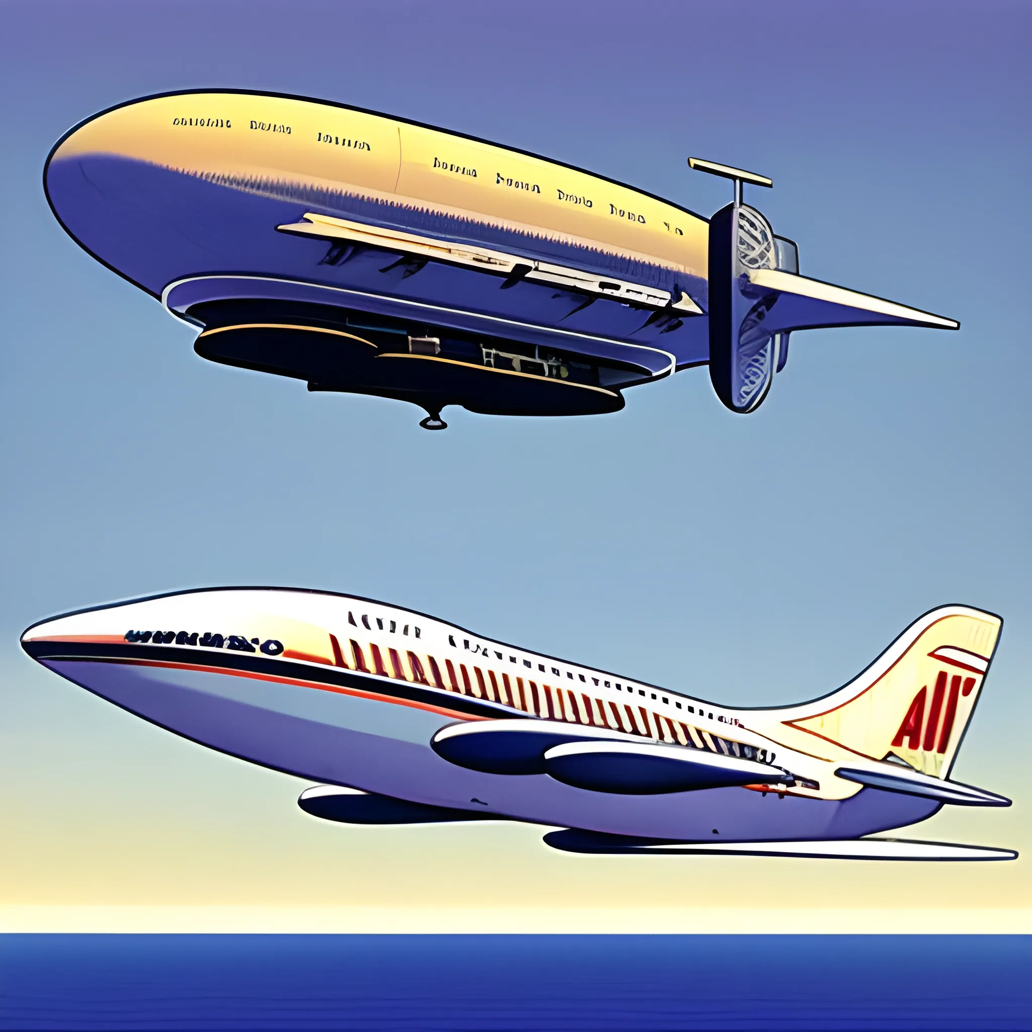 1960's Airship connected to an airline carrier flying over the ocean in Jean giraud's art style 