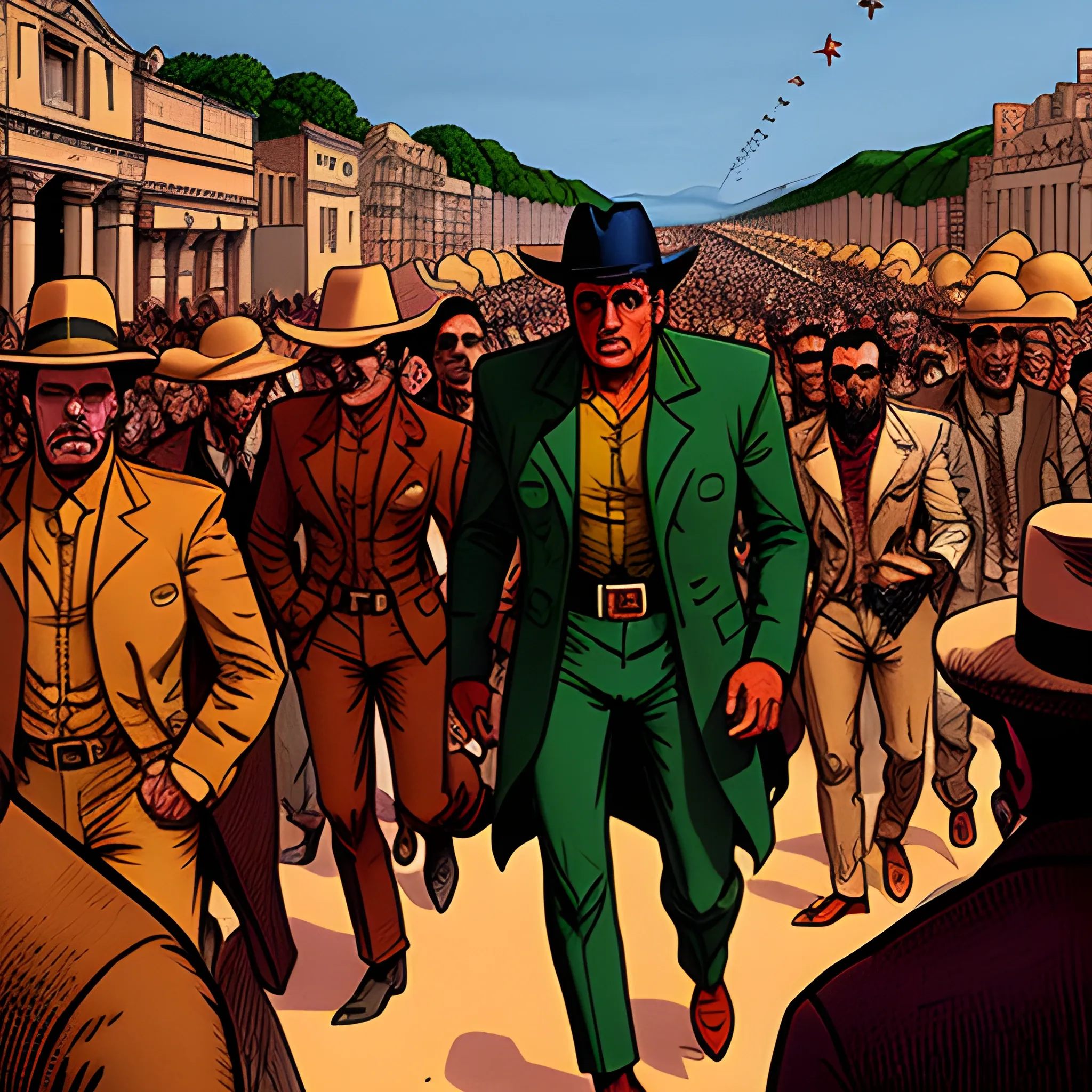 a young El Salvadorian man in a trench cat walking through a crowd in Jean giraud's art style 