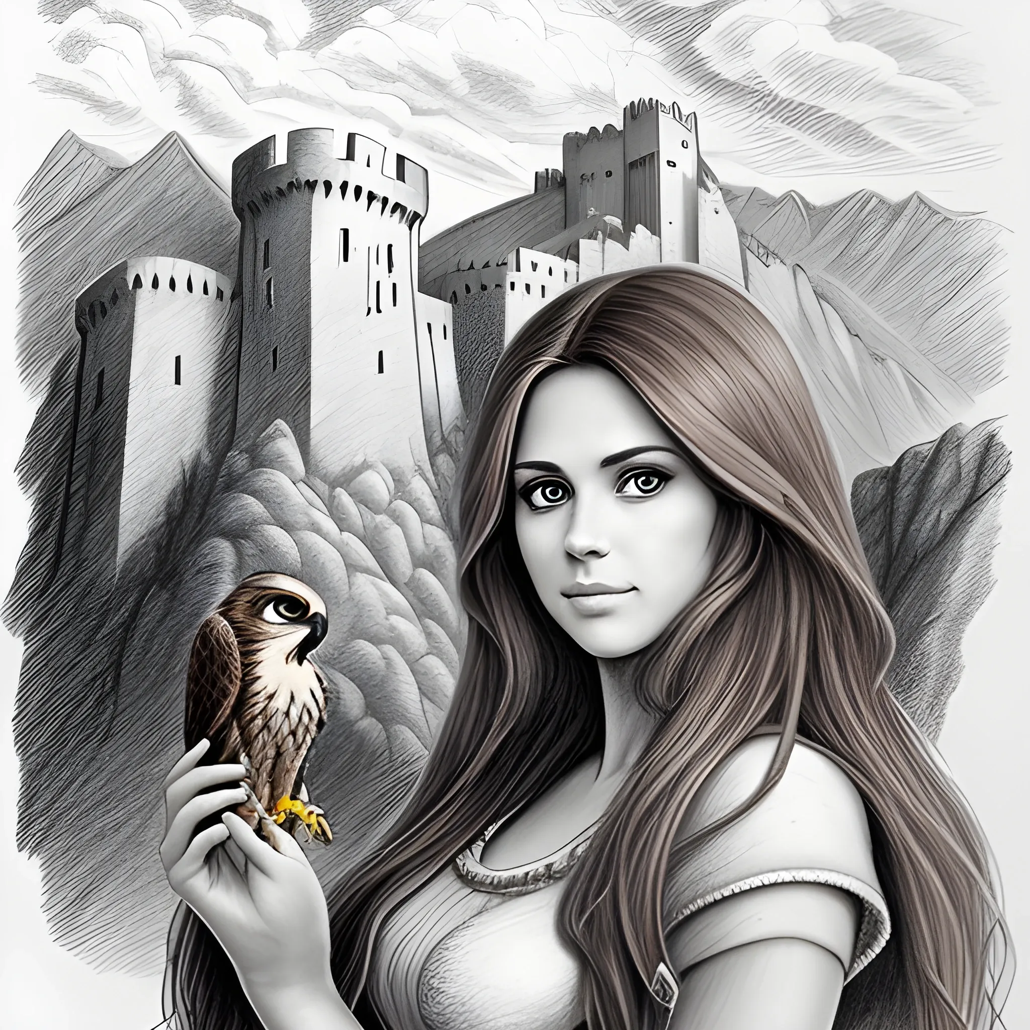 Pencil sketch of a beautiful woman with long brown hair and big brown eyes, in front of a big mountain and a fortress, a falcon in her hand.