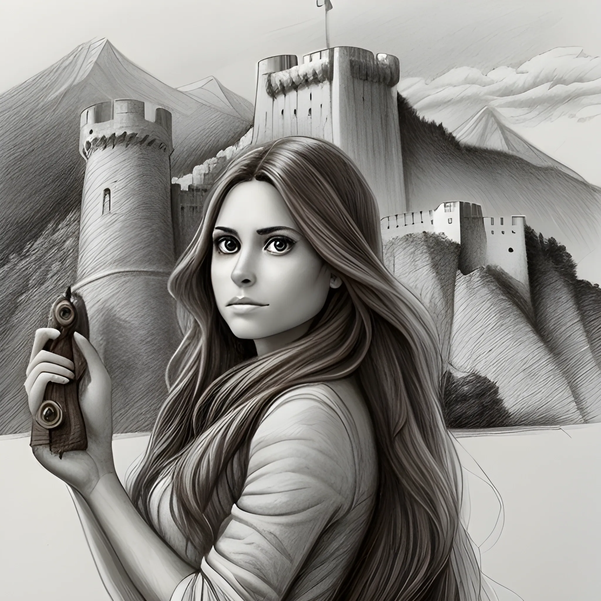 Pencil sketch of a beautiful woman with long brown hair and big brown eyes, in front of a big mountain and a fortress, a big falcon in her hand.