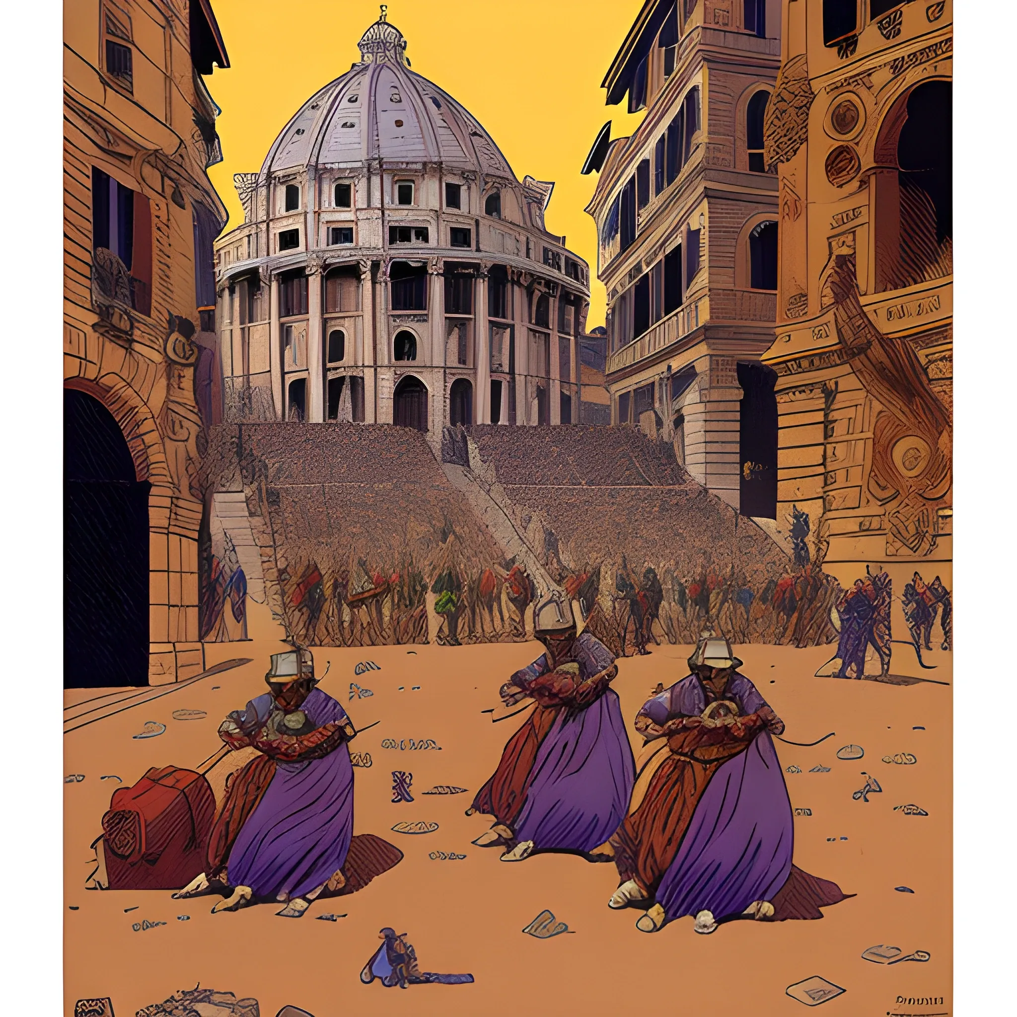 the sack of rome 410 drawn in Jean giraud's art style , 