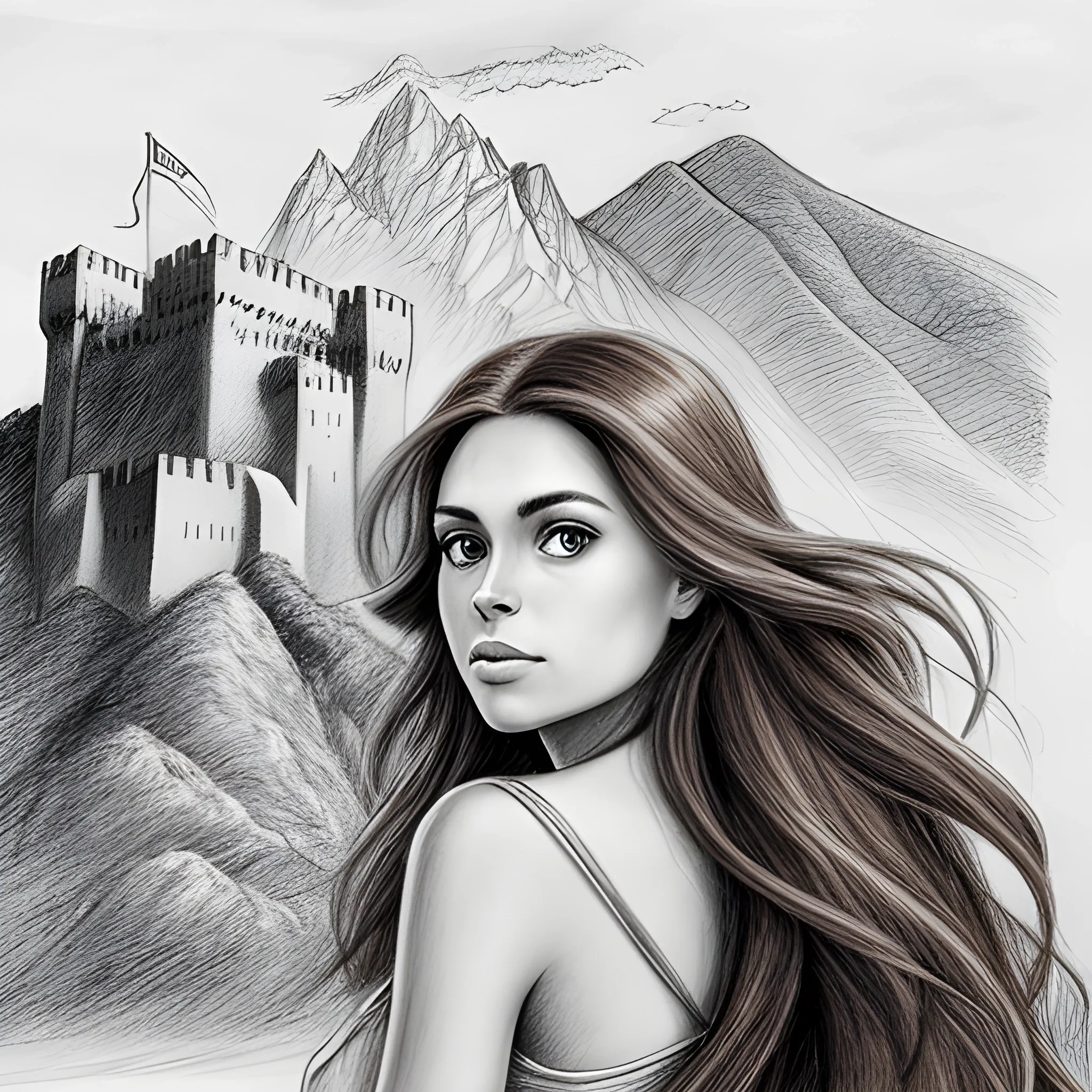 Pencil sketch of a beautiful woman with long brown hair and big brown eyes, looking on right side , in front of a big mountain and a fortress, left side,  a falcon in the sky.