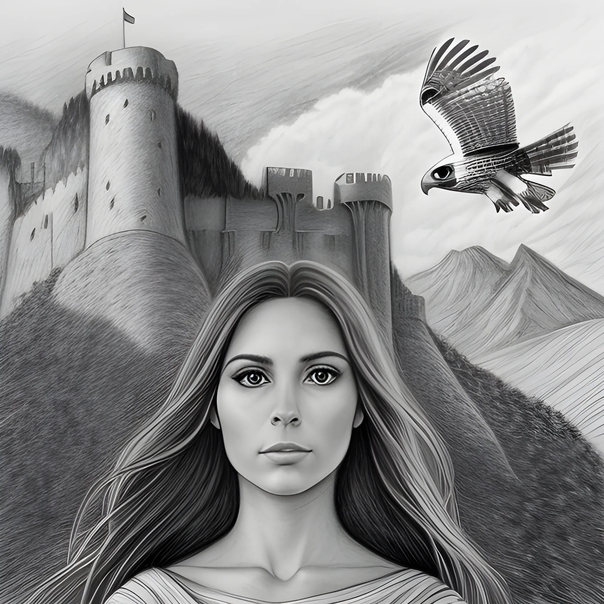 Pencil sketch of a beautiful woman with long brown hair and big brown eyes, looking on right side , in front of a big mountain and a fortress, left side,  a falcon in the sky., Trippy