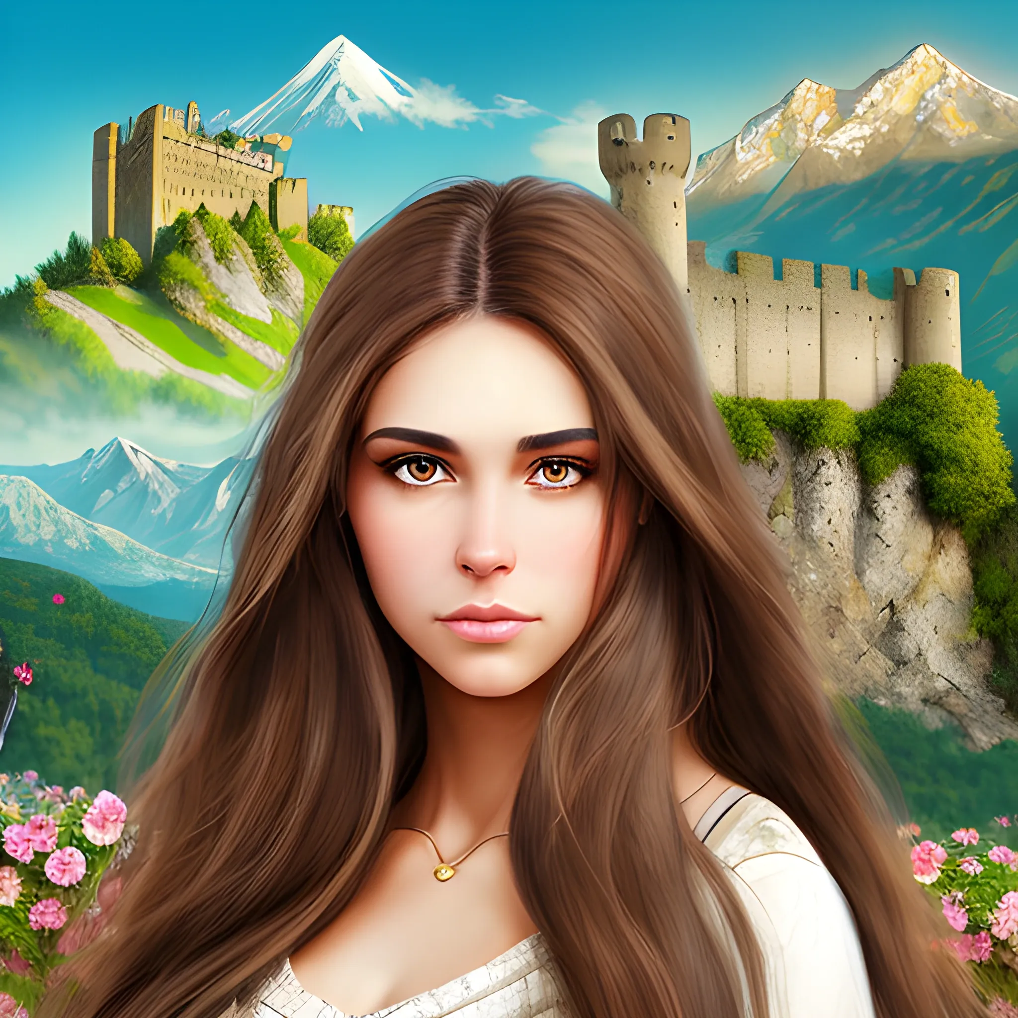 Realistic beautiful woman with long brown hair with flowers and big brown eyes, looking on right side , in front of a one big mountain and a old fortress, left side,  a falcon in the  hand looking on him .