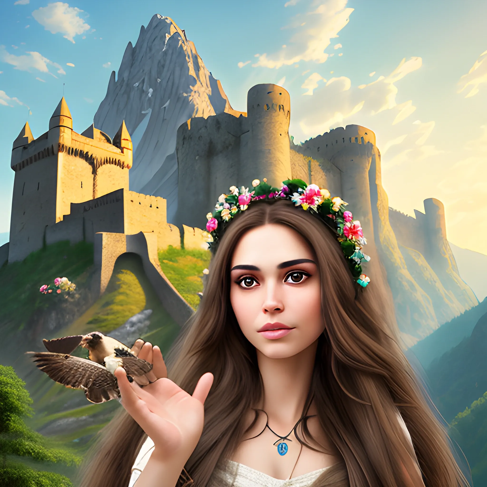 Realistic beautiful woman with long brown hair with flowers in her hair and with big brown eyes , in front of a one big mountain and a one old fortress, a falcon in the  hand looking on him ., 3D