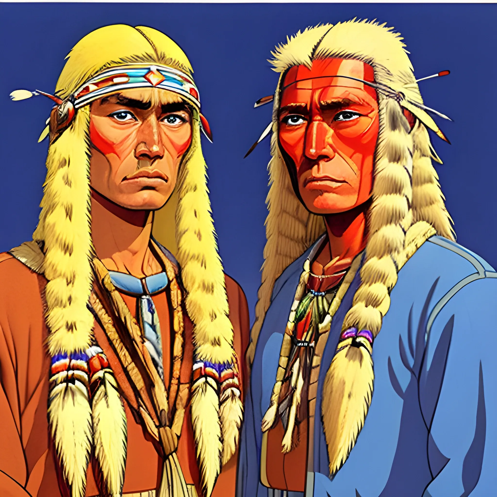 Native Americans with blonde hair blue eyes in Jean giraud's art style 