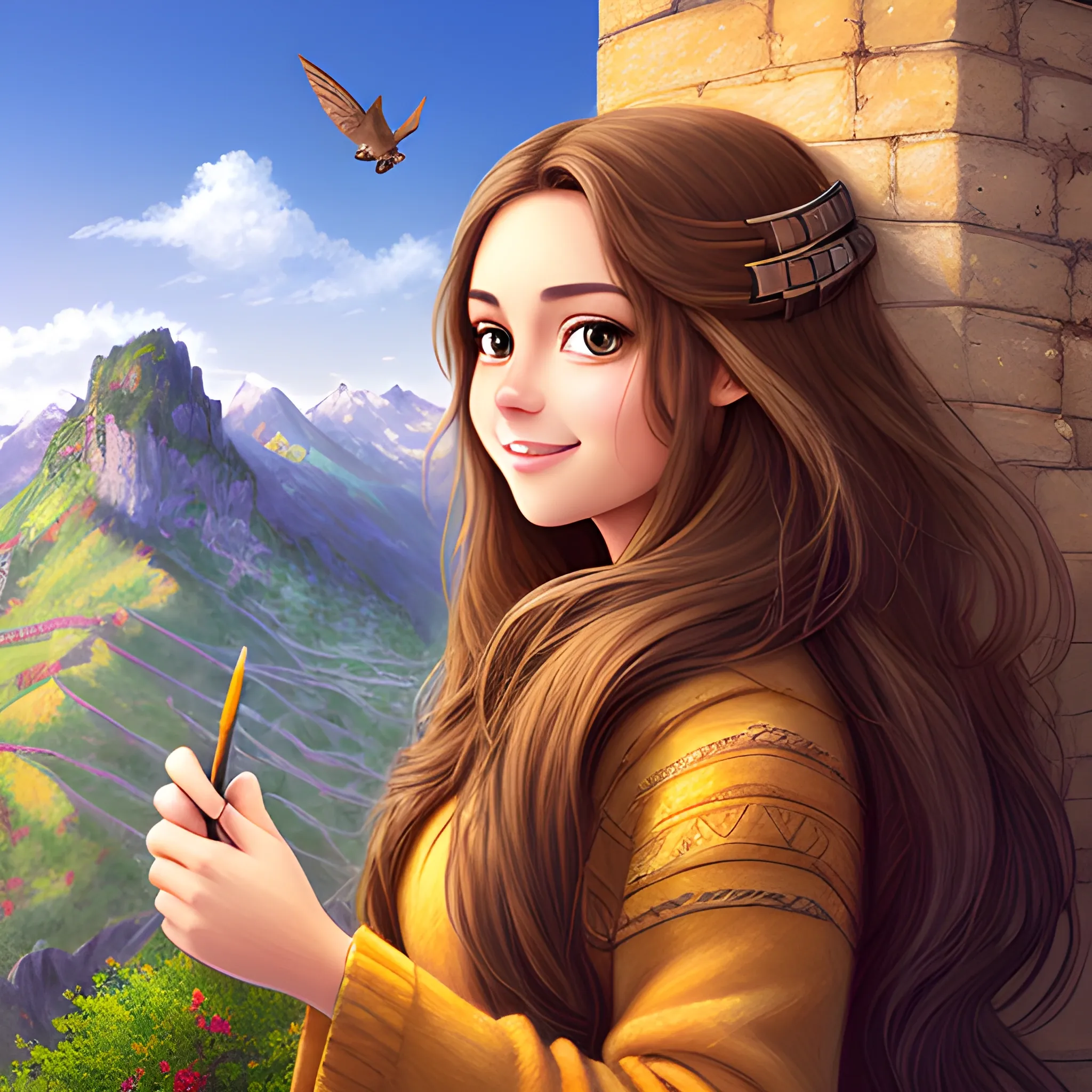 draw a cheerful beautiful woman with long brown hair and big brown eyes, diverse and colorful mountain and fortress, high depth of field, soft lighting, with falcon on hand