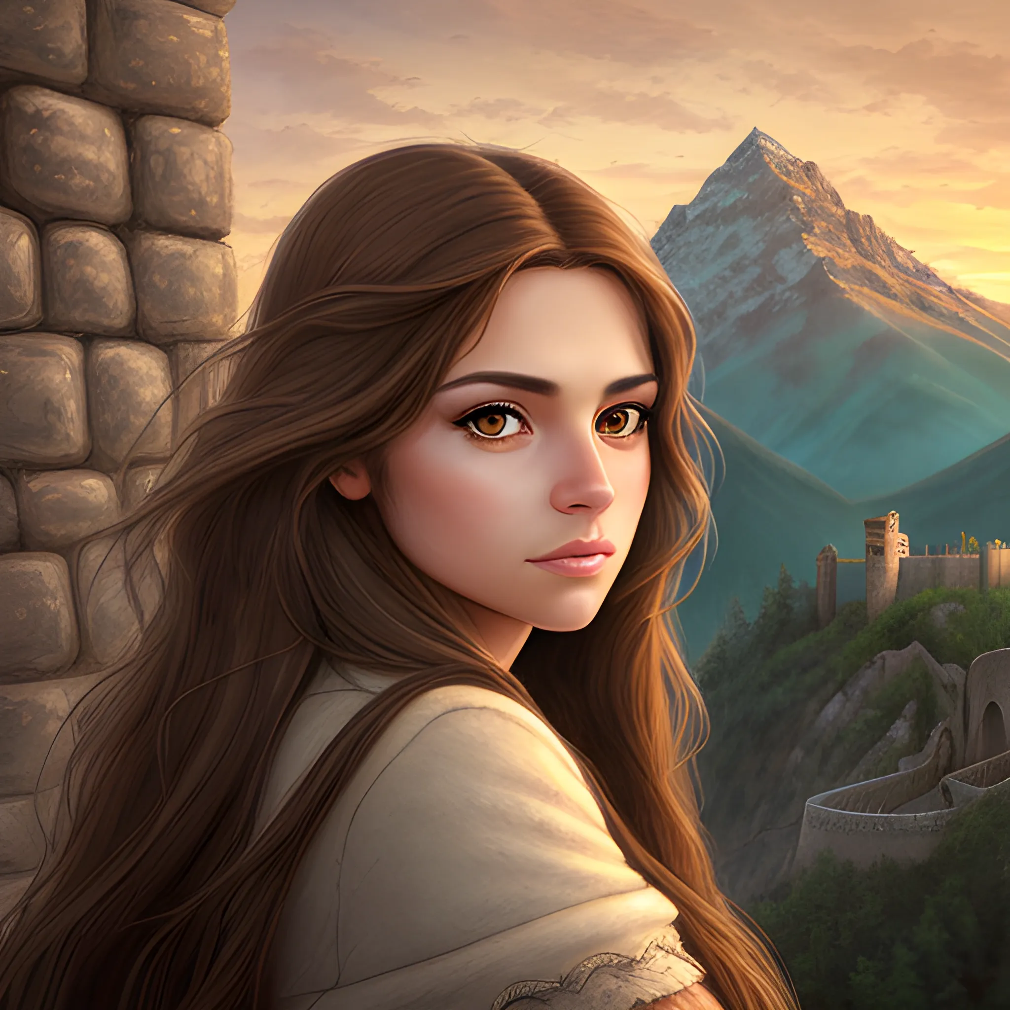 draw a beautiful woman with long brown hair and big brown eyes, one mountain and fortress, high depth of field, soft lighting, with falcon on hand