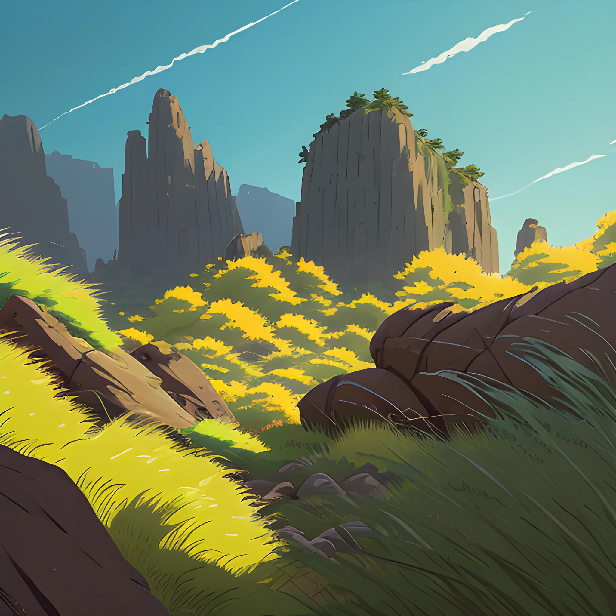 low angle view of high rocks and grasses... in the style of makoto shinkai and greg rutkowski and albert bierstadt and james gurney